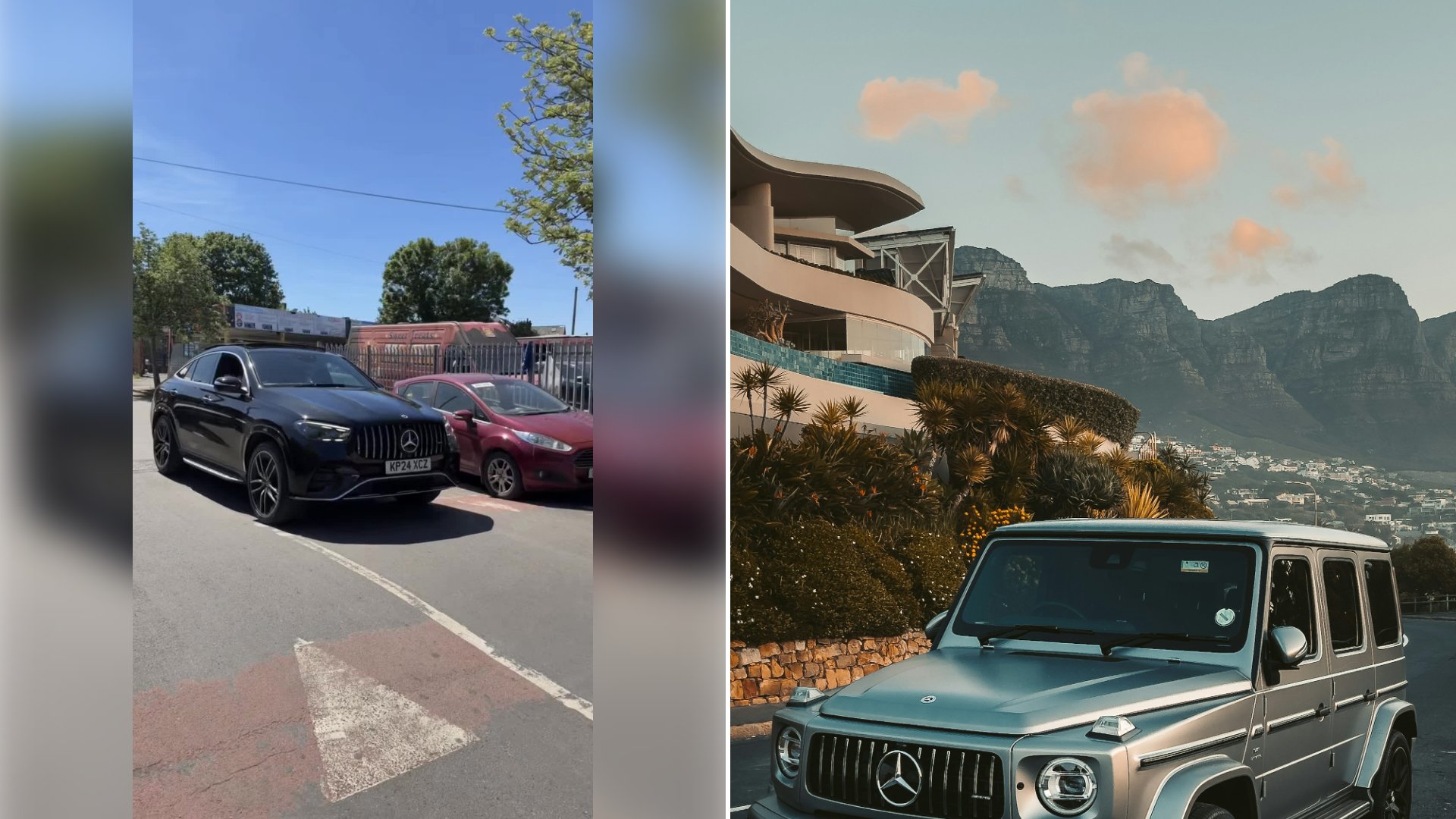 Left: cover still from a TikTok video by @@oyeballer84. Right: A silver Mercedes-Benz G-Class parked on a coastal road (Unsplash photo by Gilles De Muynck).