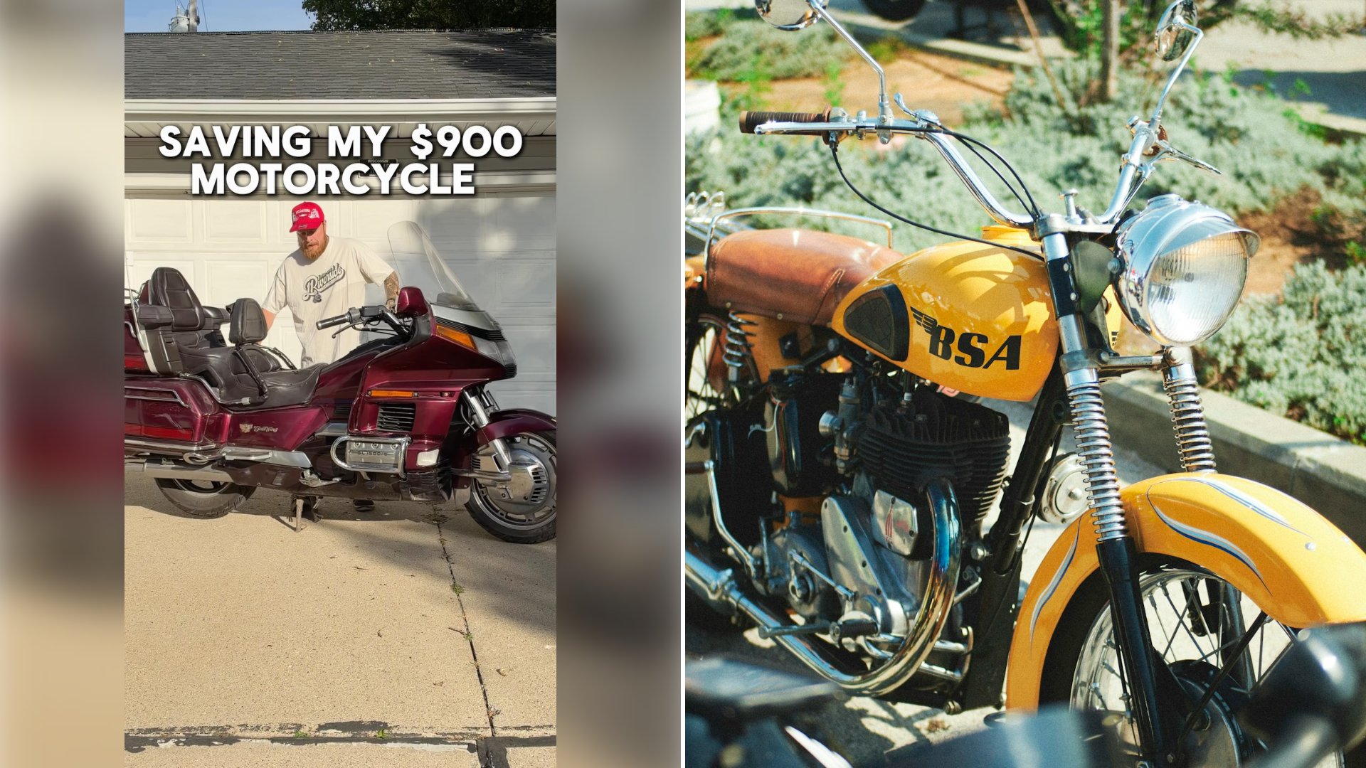 Left: cover still from an Instagram reel by @. Right: A yellow motorcycle parked on the side of the road (Unsplash photo by Maxim Simonov).