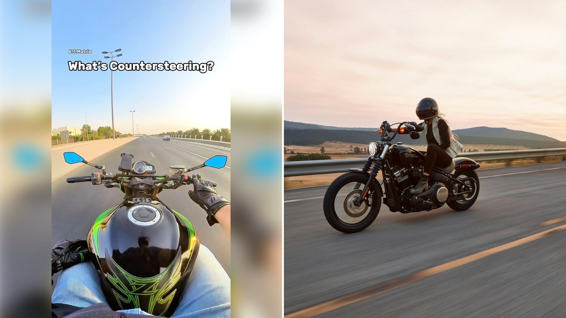 Left: cover still from an Instagram reel by @. Right: A rider on a black cruiser motorcycle on a highway (Unsplash photo by Harley-Davidson).