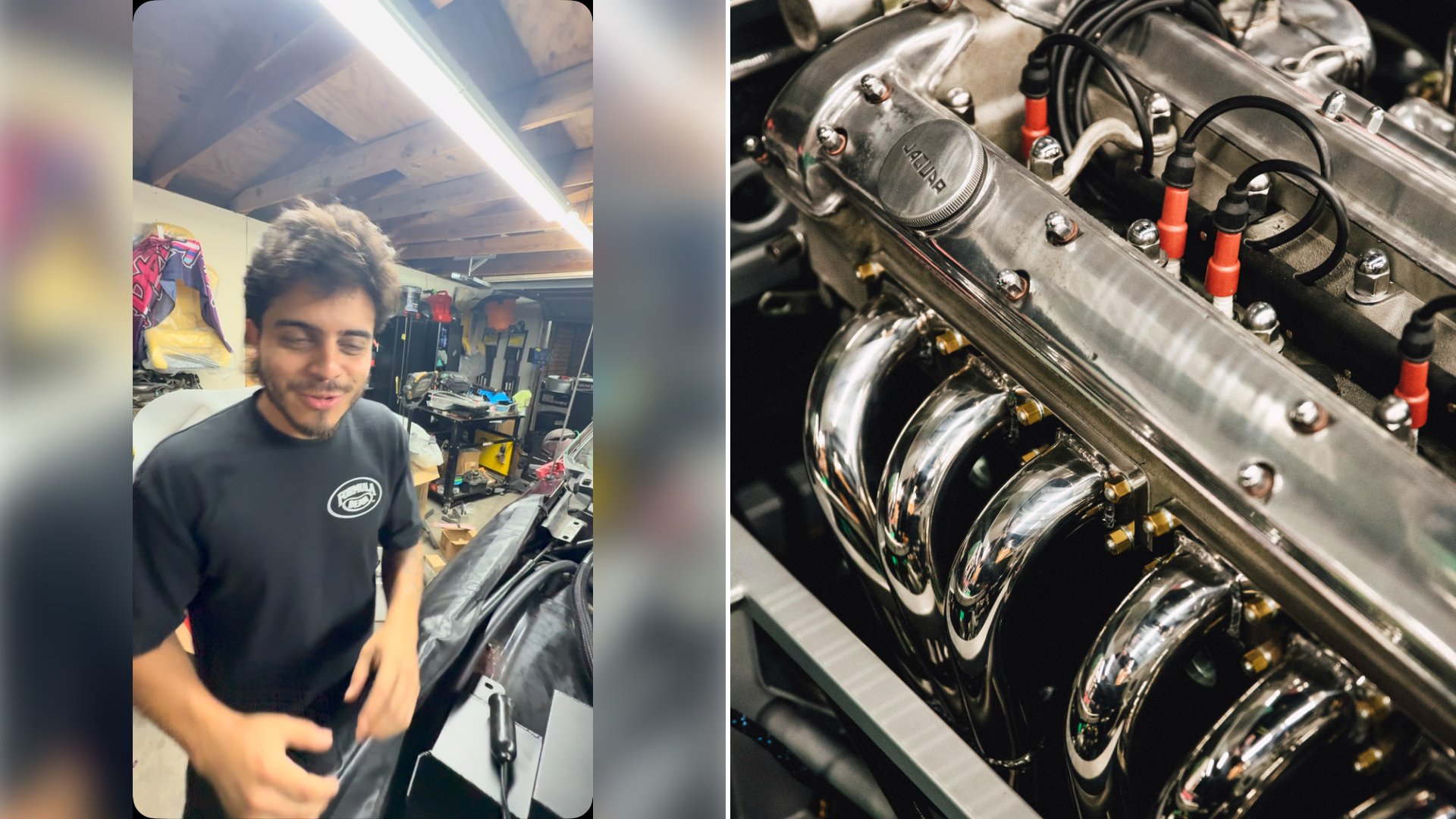 Left: cover still from an Instagram reel by @. Right: A chrome-detailed engine bay of a classic Jaguar E-Type V12 (Unsplash photo by Markus Spiske).