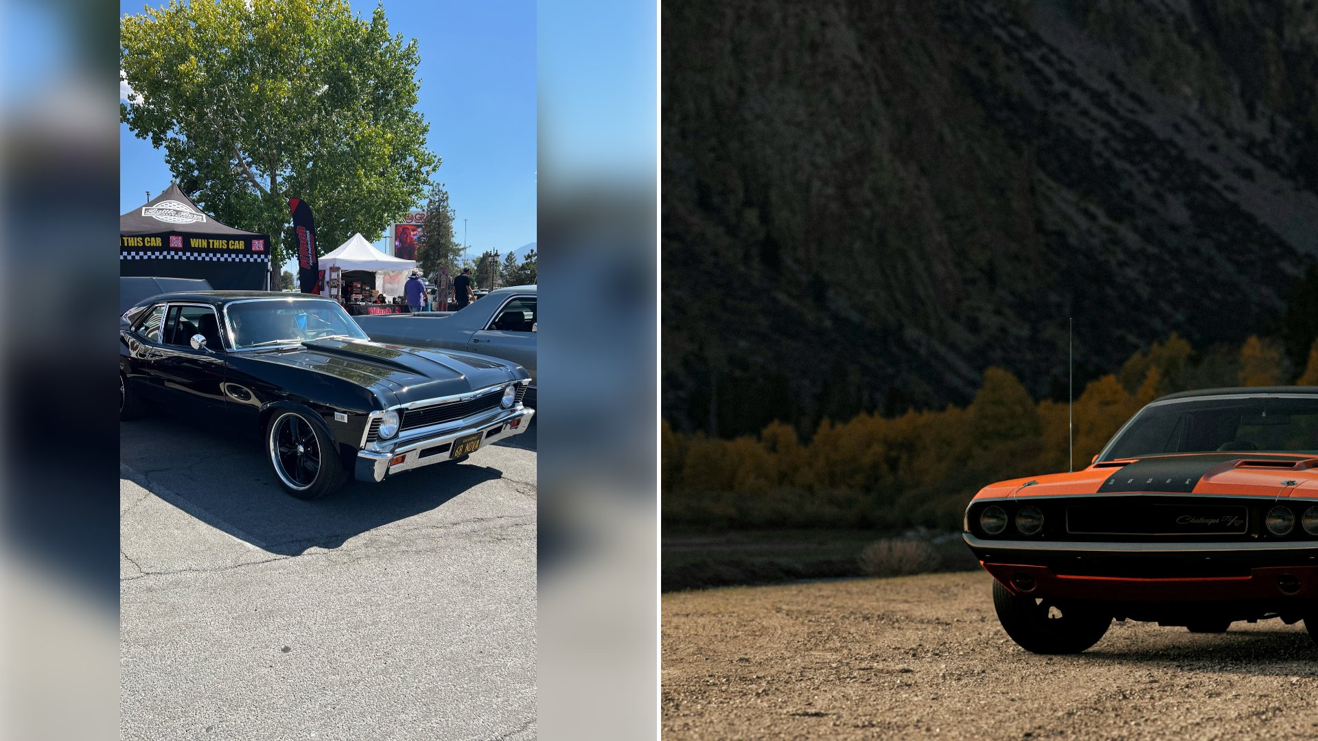 Left: cover still from an Instagram reel by @. Right: An orange vintage Dodge Challenger on a gravel road in front of a dark mountain slope (Unsplash photo by Alexandros Athanasopoulos).