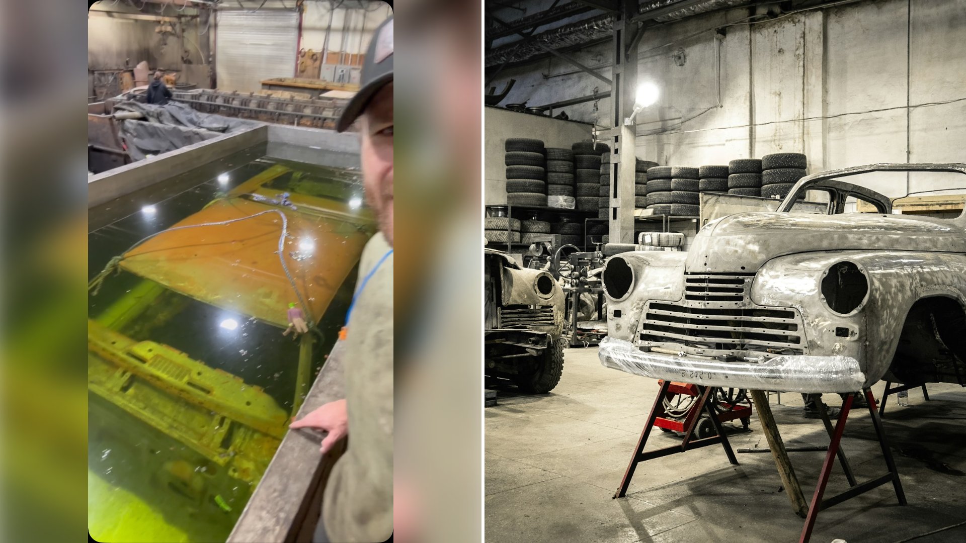 Left: cover still from an Instagram reel by @. Right: A white vintage car in a restoration workshop garage (Unsplash photo by Egor Vikhrev).