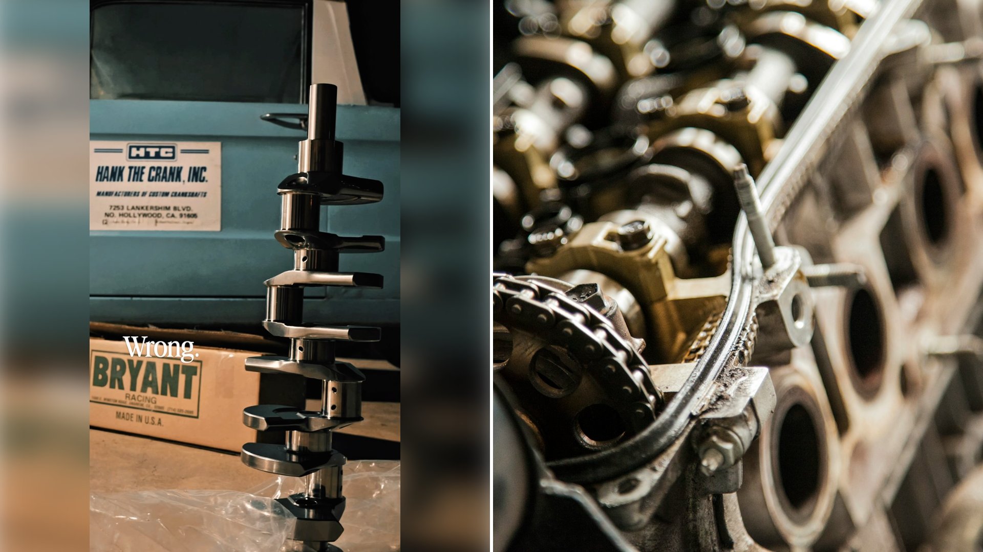 Left: cover still from an Instagram reel by @. Right: A close view of a gray engine block in an engine bay (Unsplash photo by Garett Mizunaka).