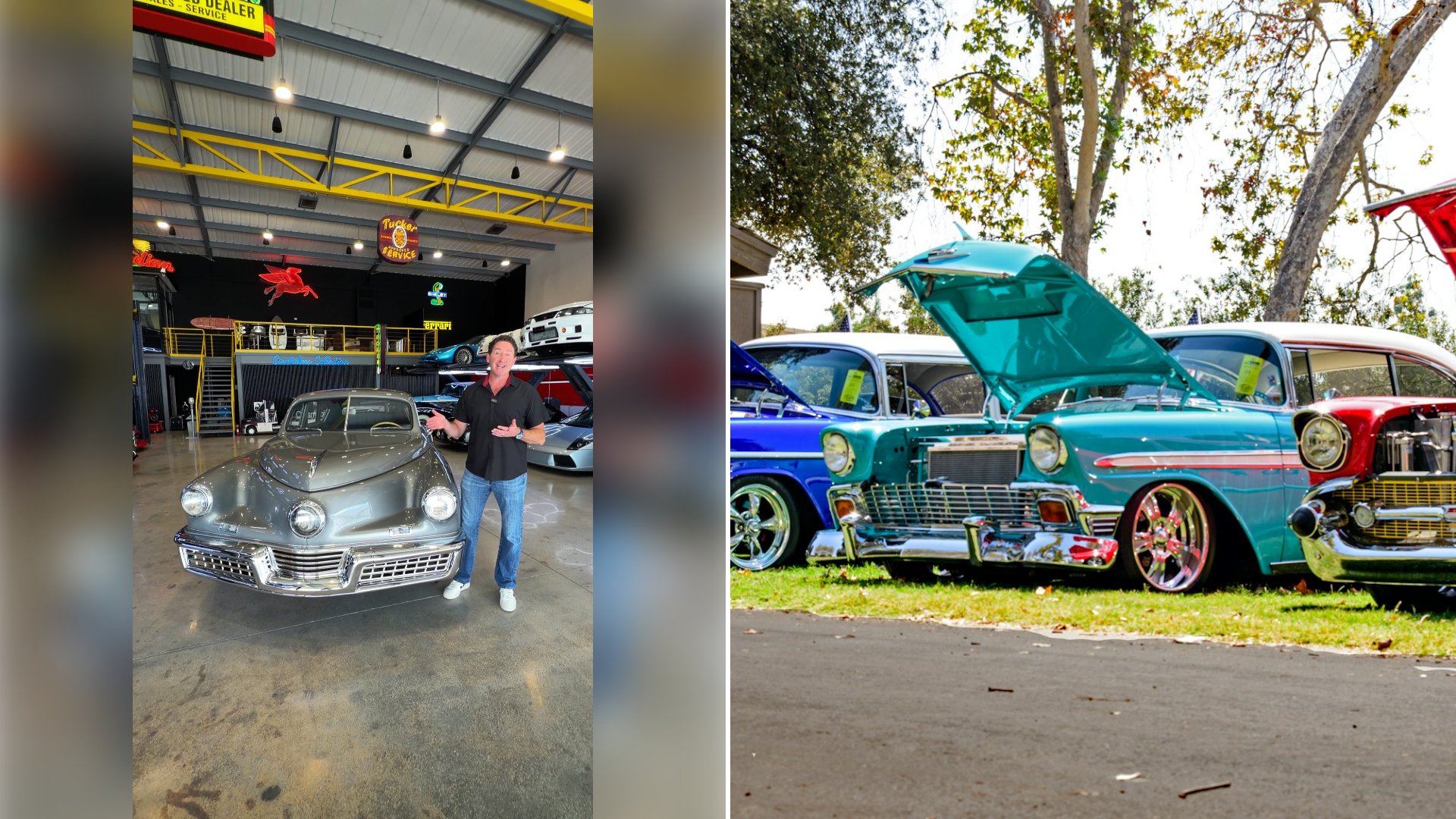 Left: cover still from an Instagram reel by @. Right: Three red, blue and teal classic cars at a car show (Unsplash photo by Mark Duffel).