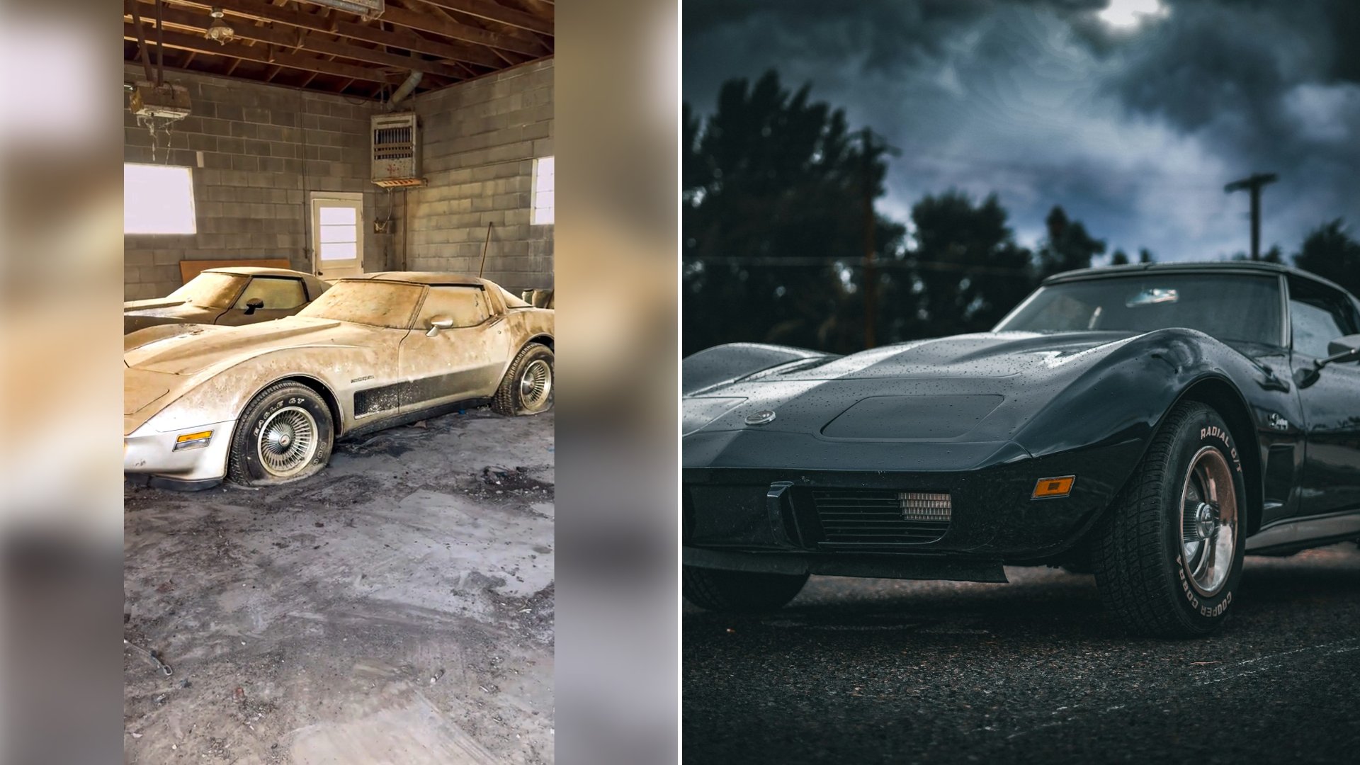 Left: cover still from an Instagram reel by @. Right: A car parked in a parking lot under a cloudy sky (Unsplash photo by Agentseed).
