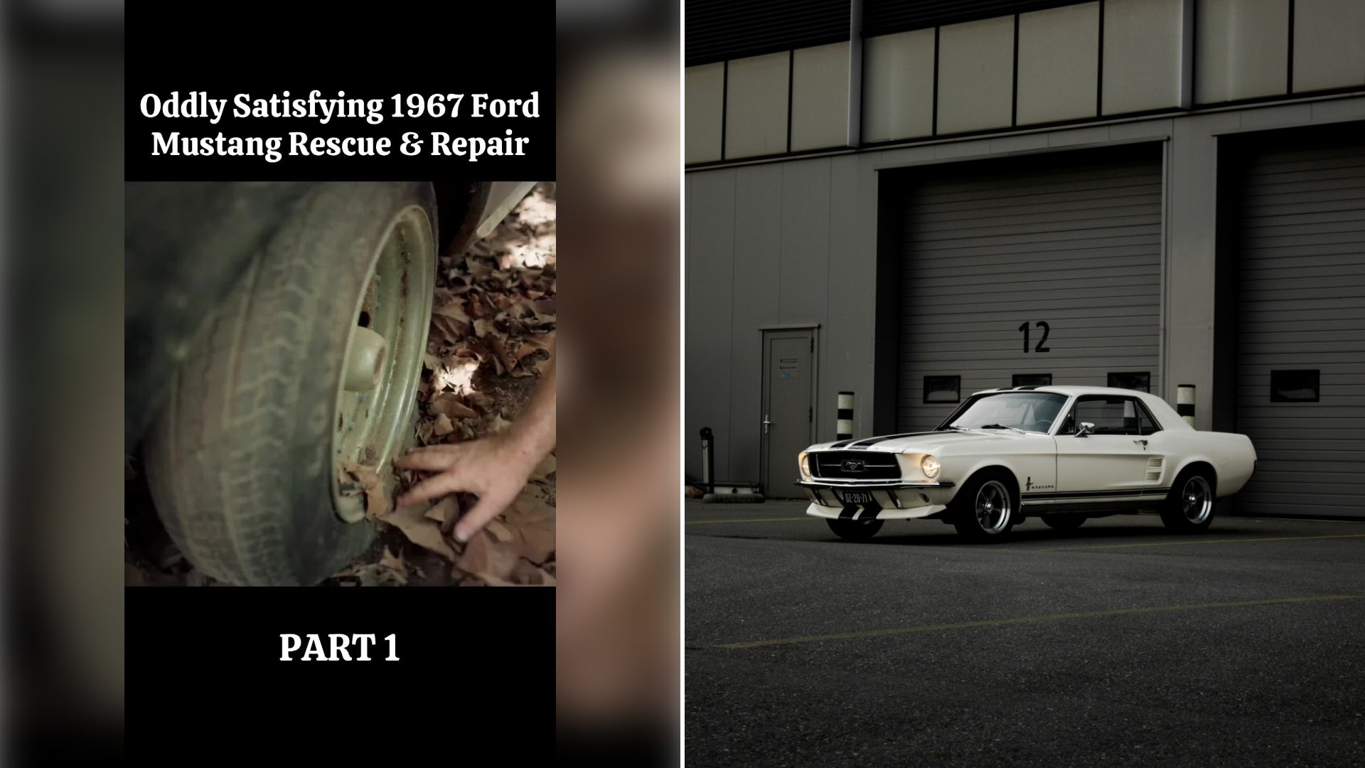 Left: cover still from a TikTok video by @@restoration.usa. Right: A white Ford Mustang with black racing stripes parked in front of a grey industrial building (Unsplash photo by Jorgen Hendriksen).