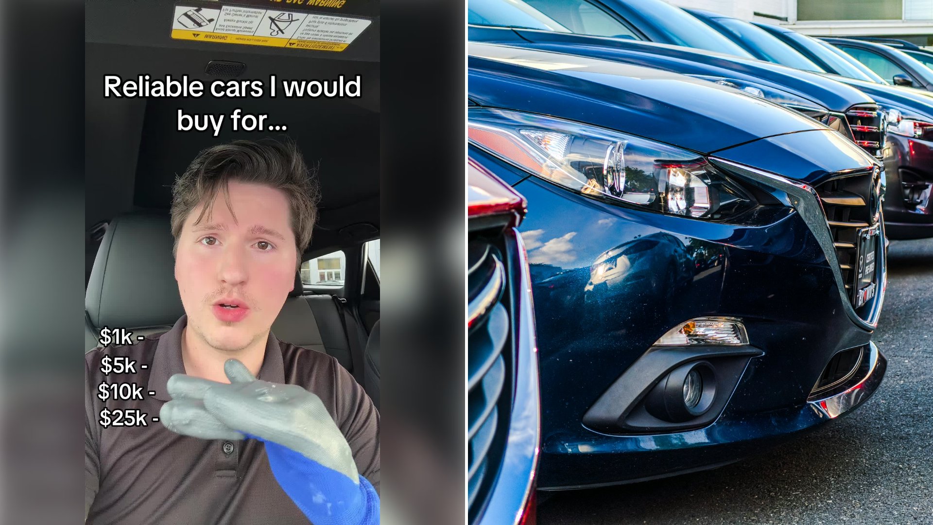 Left: cover still from a TikTok video by @@rudycars2. Right: A row of parked Mazda 3 cars at a dealership (Unsplash photo by Obi).