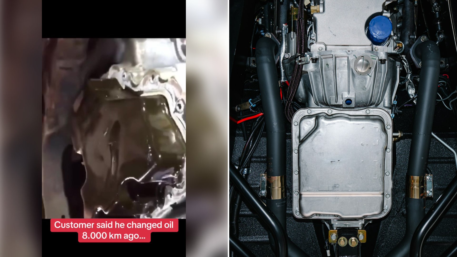 Mechanic Pulls a Thick Black Mass Shaped Like the Oil Pan Out of an Engine Under Text Saying the Customer Claimed an Oil Change Eight Thousand Kilometers Earlier