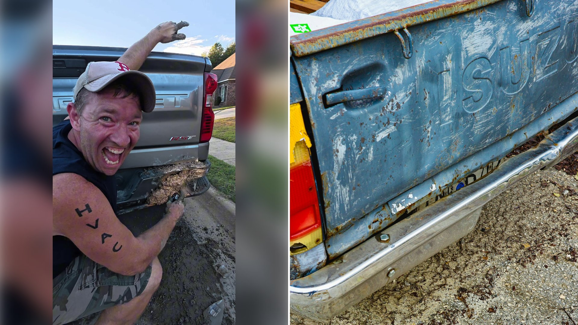 Owner Smears Wet Concrete Over His Dented Pickup Bumper in a Comedy Clip, Tells the Body Shop to Take That and Says the Repair Really Matches the Other Side