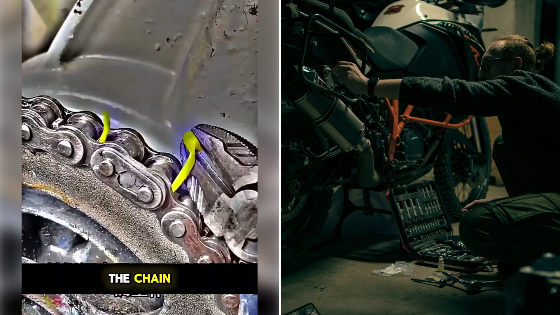 Motorcycle Mechanic Uses a Yellow Zip Tie as a Temporary Third Hand to Line Up a Broken Chain, Then Fits the Master Link Pins, Plate and Spring Clip in a Narrated Clip