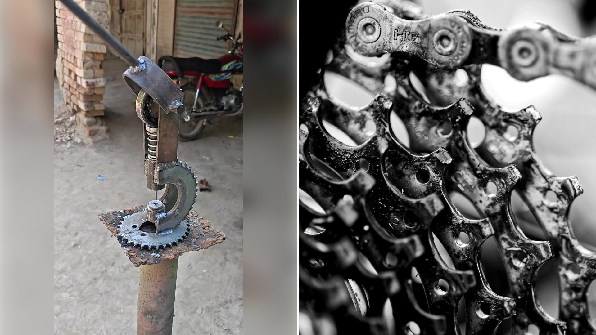 Welder Builds a Lever Press From an Old Sprocket, a Bearing and a Coil Spring to Push the Pin Out of a Chain Link in a Seven Second Clip That Ends With Chain Pieces Held to the Camera