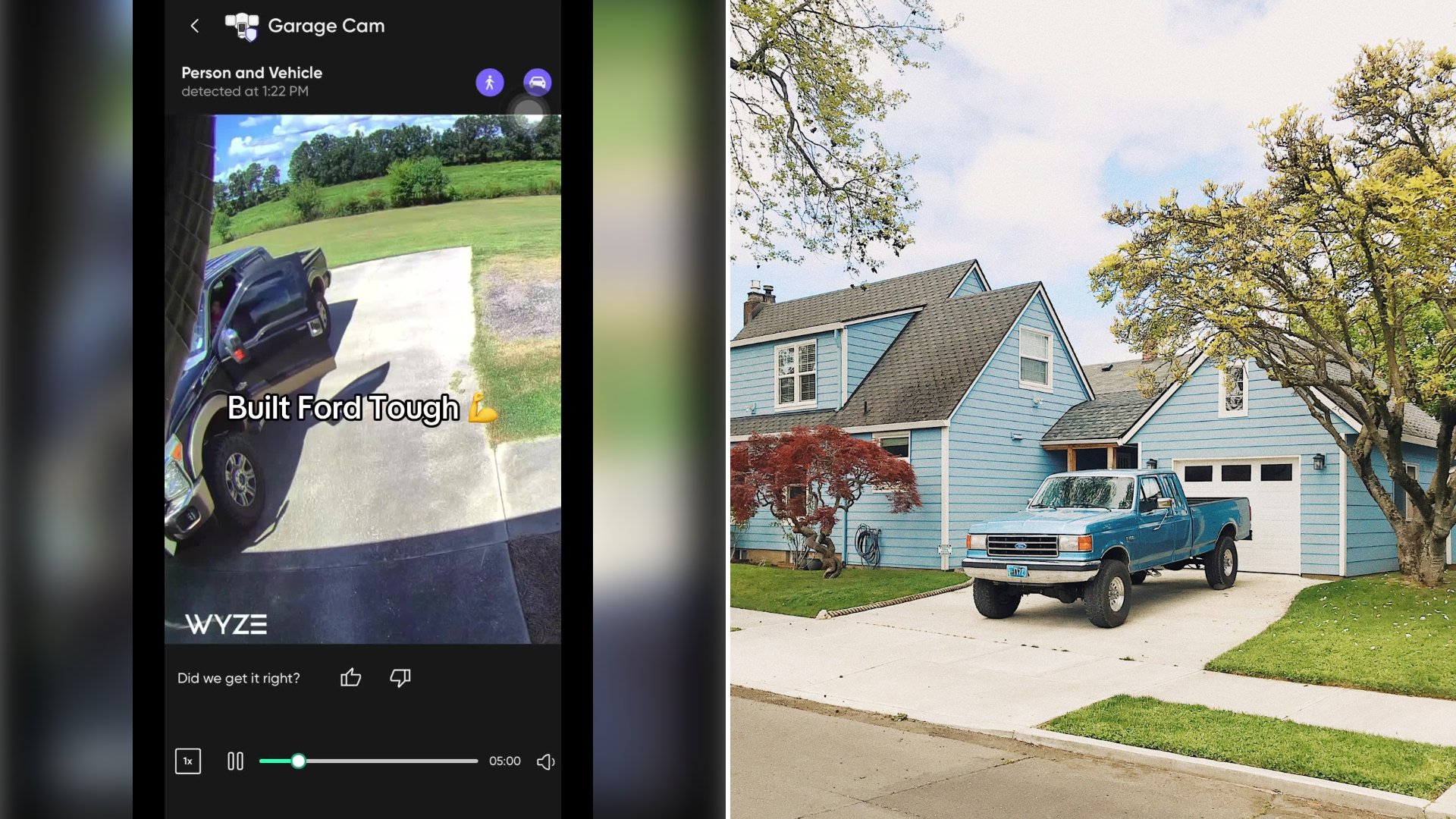 Left: cover still from a TikTok video by @@dianacolquett. Right: A blue and white single cab pickup truck parked near a green tree (Unsplash photo by Zachary Keimig).