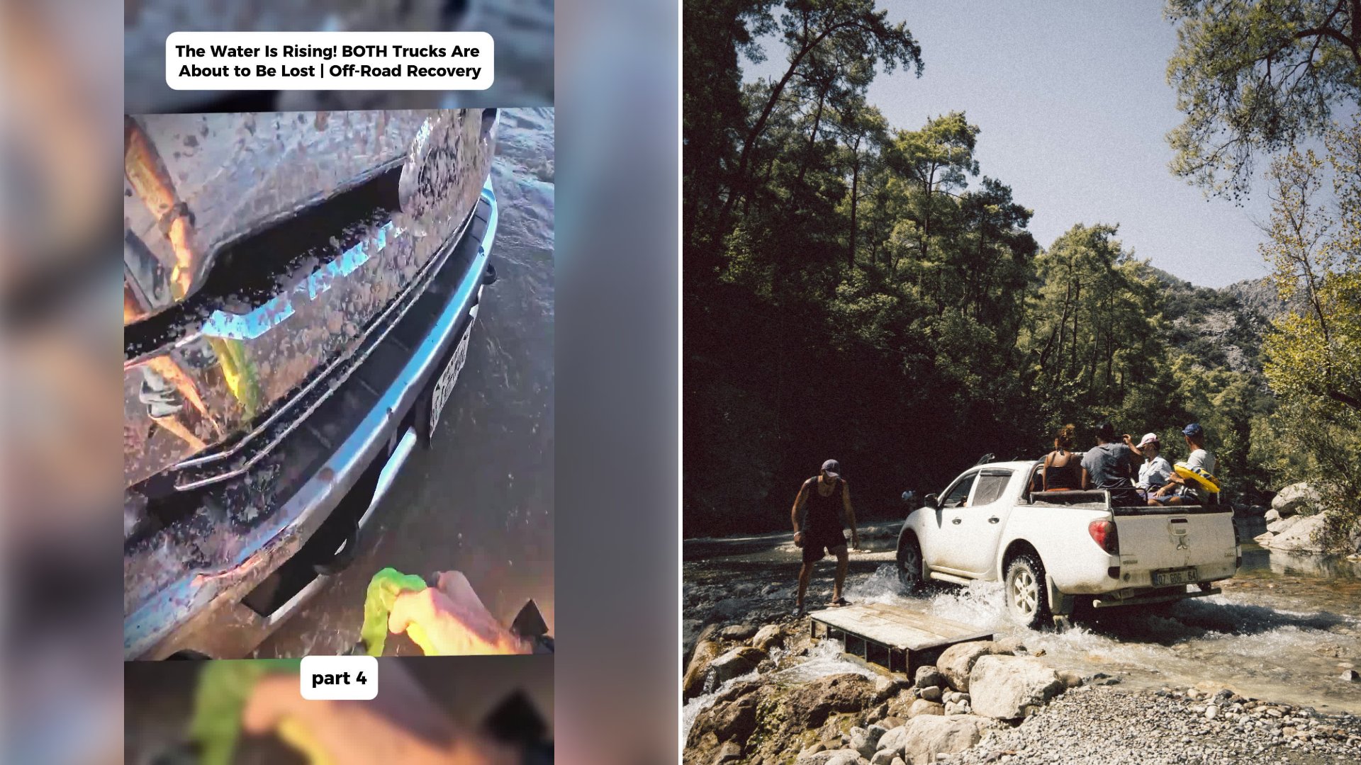 Left: cover still from a TikTok video by @@user6018068hd188. Right: People standing beside a white crew cab pickup truck during the day (Unsplash photo by Eugene Chystiakov).