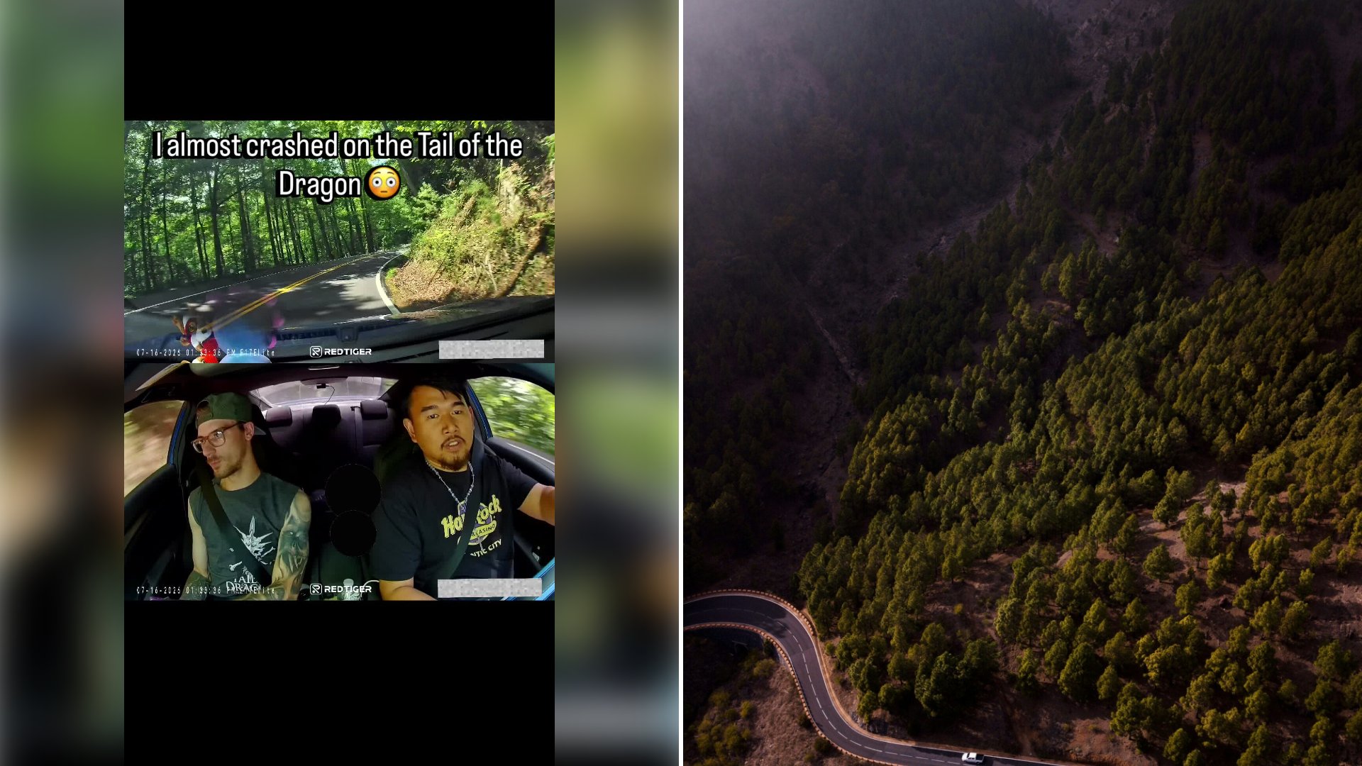 Dual Camera Dashcam Catches Two Men Reacting to a Scare on the Tail of the Dragon, Telling Each Other to Relax and Calling It Bad Under Text Saying They Almost Crashed