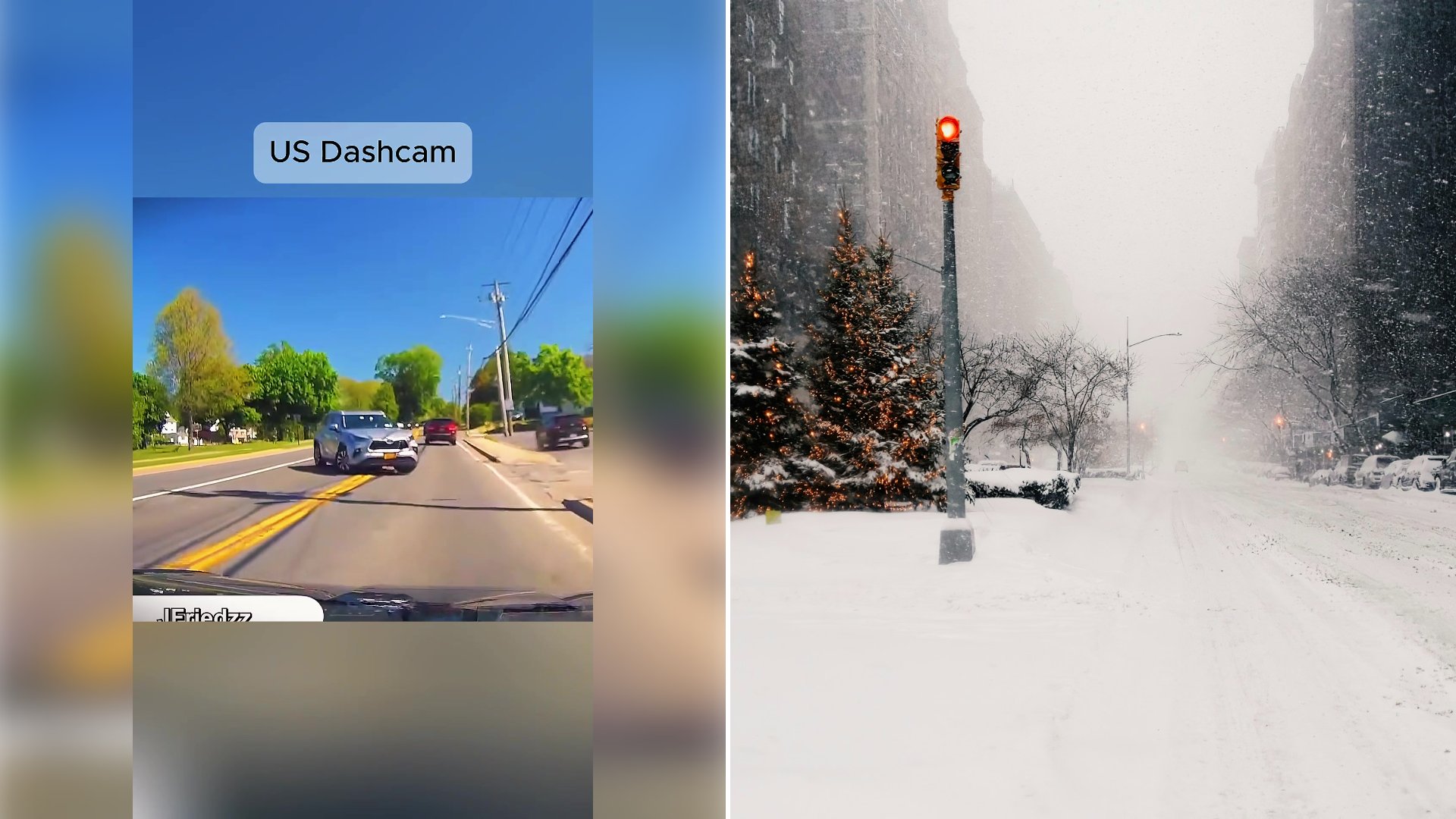 Minute Long Dashcam Compilation Tagged as Driving Fails Cuts Between Suburban Streets, Busy Highways and a Snowy Intersection With No Narration and No Credit to Any Driver