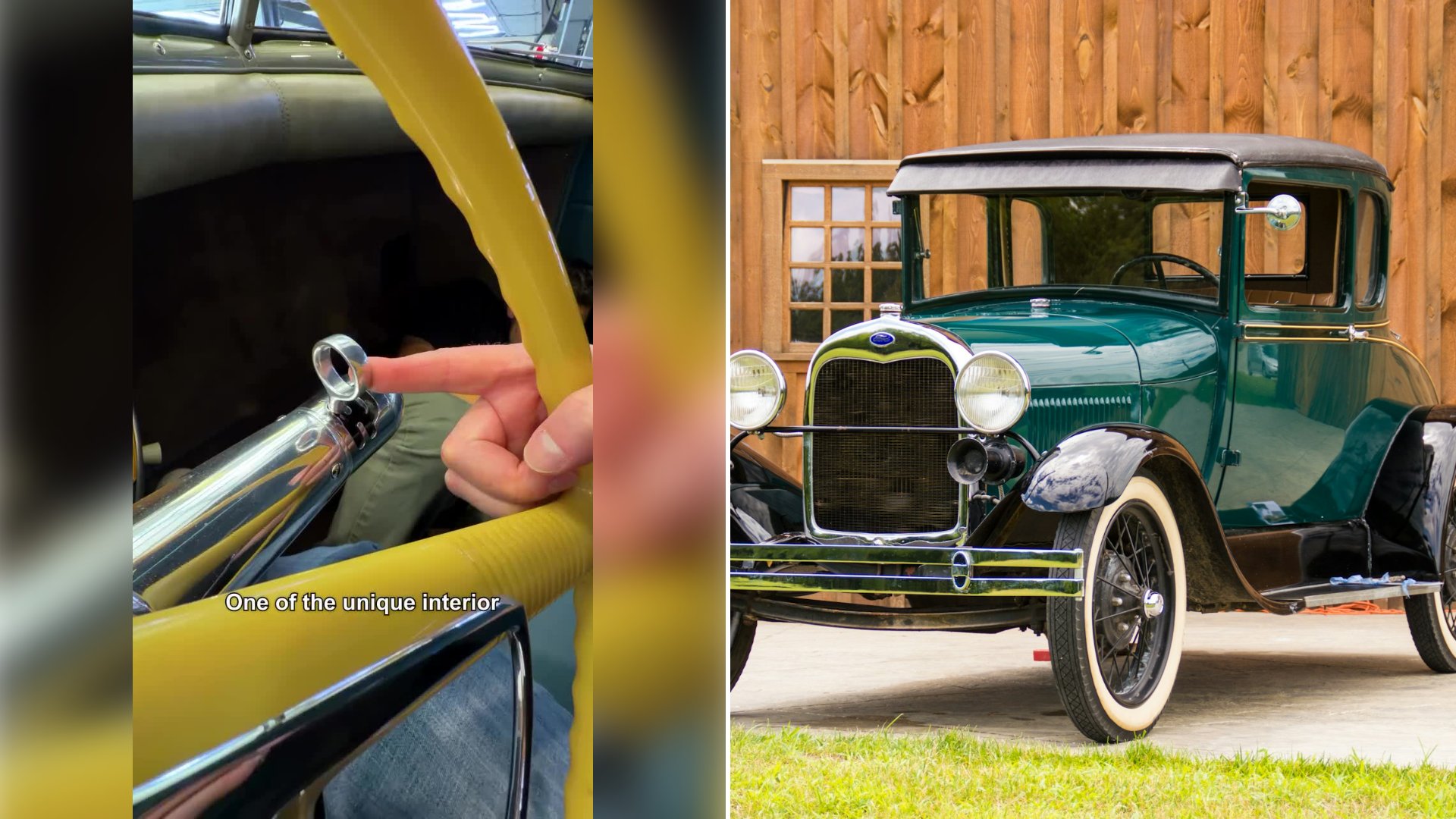 Left: cover still from a TikTok video by @aydeealdanass. Right: A vintage green Ford Model A coupe from 1929 (Unsplash photo by Philip Schroeder).