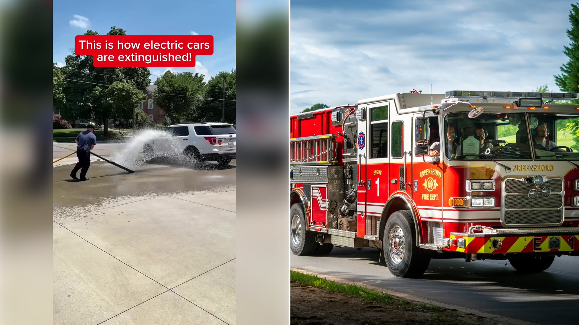 Left: cover still from a TikTok video by @theengineeringdream. Right: A fire truck on the street (Unsplash photo by Elijah Mears).