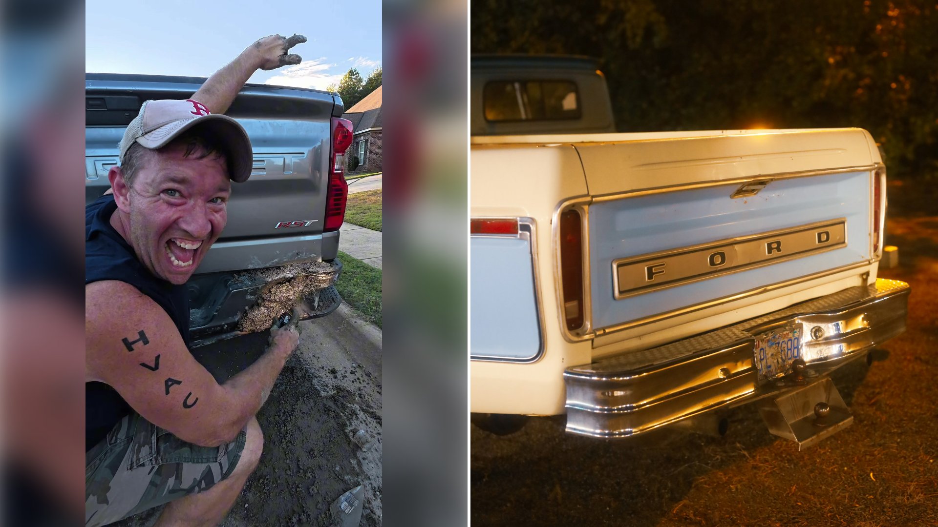 Guy Is Repairing A Dented Truck Bumper Using Nothing But Wet Concrete Instead Of Actual Body Work And Somehow Seems Completely Serious About It