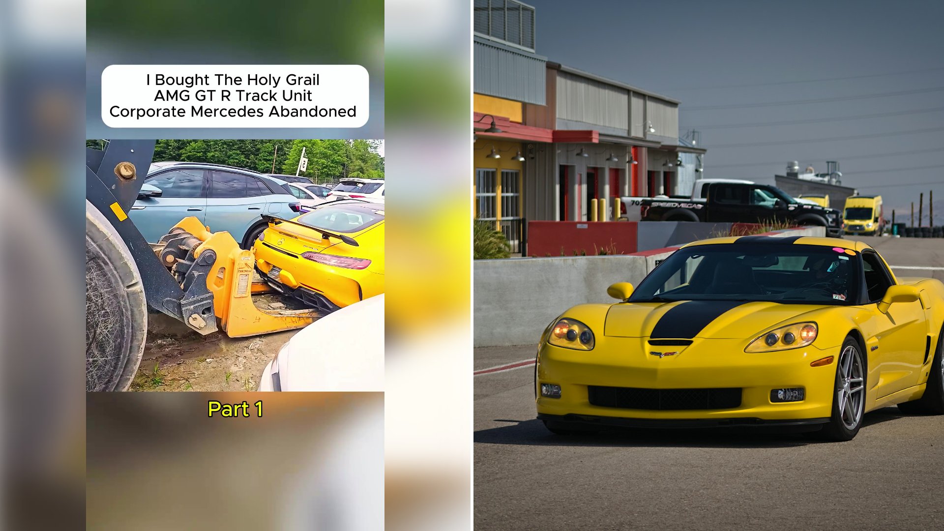 Left: cover still from a TikTok video by @sparrow00015. Right: A yellow sports car parked at a race track (Unsplash photo by RyKing Uploads).