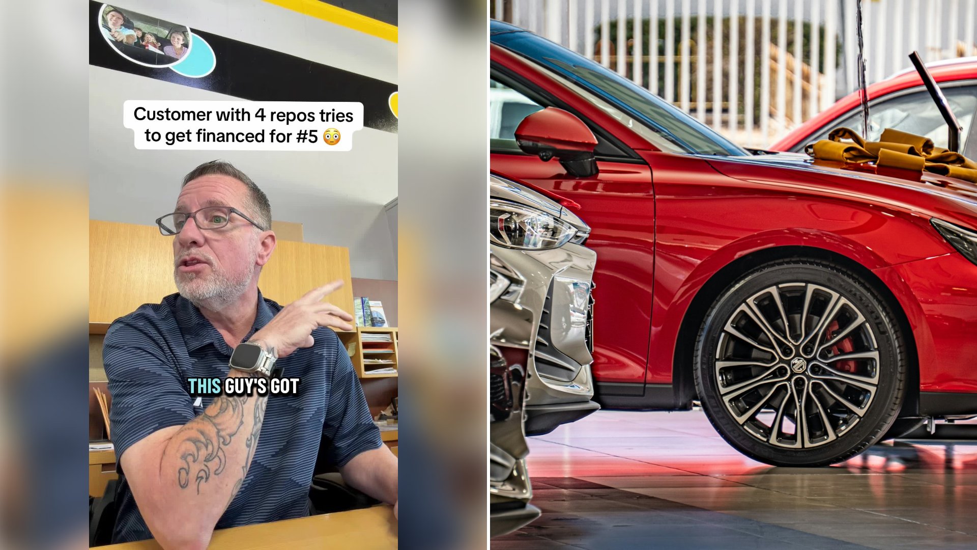 Left: cover still from a TikTok video by @goatforreal216. Right: Several new cars parked in a dealership showroom (Unsplash photo by Portafolio fotográfico automotriz).