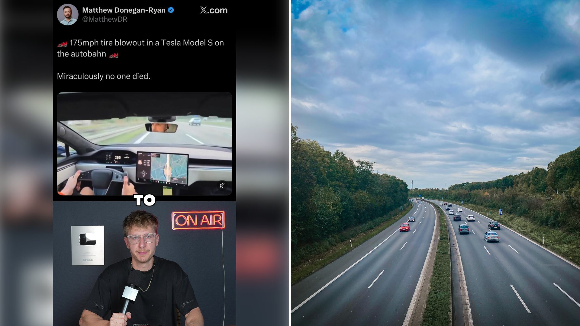 Left: cover still from a TikTok video by @blakesanburg. Right: A gray asphalt road running between green trees under a blue sky (Unsplash photo by Jennifer Latuperisa-Andresen).