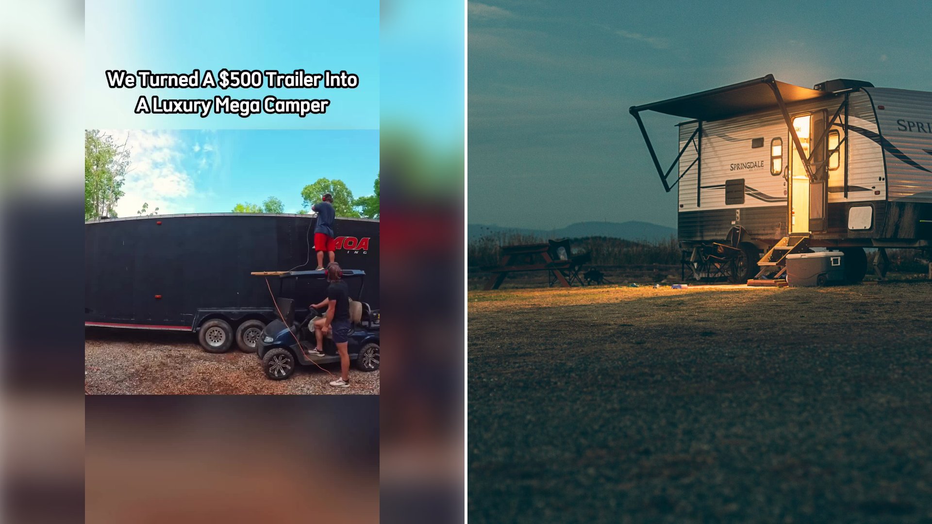 Left: cover still from a TikTok video by @mackfiles07. Right: A small travel trailer camper sitting in a field at night (Unsplash photo by Devon MacKay).