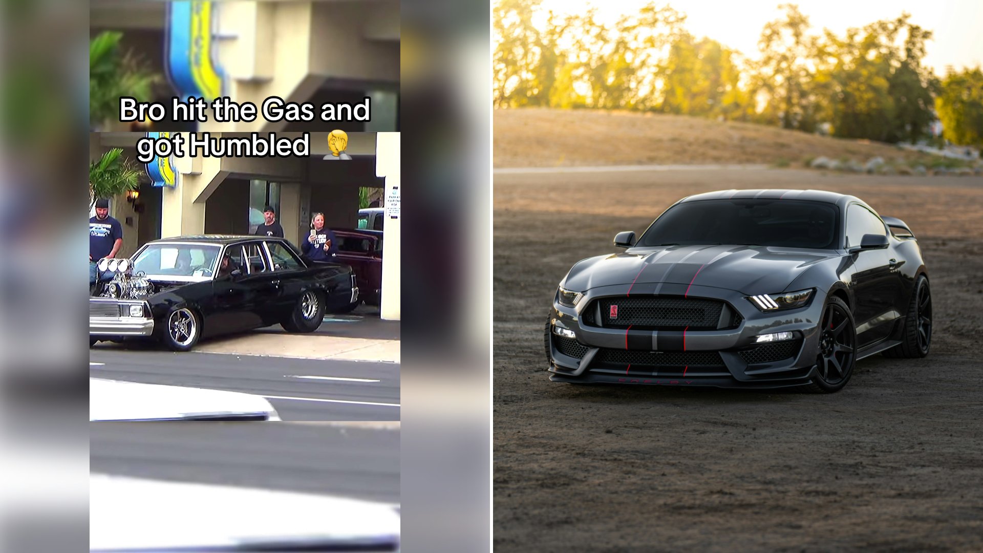 Left: cover still from a TikTok video by @carscoffeeandmischief. Right: A grey sports car with red racing stripes on a dirt lot at golden hour (Unsplash photo by Tyler Clemmensen).