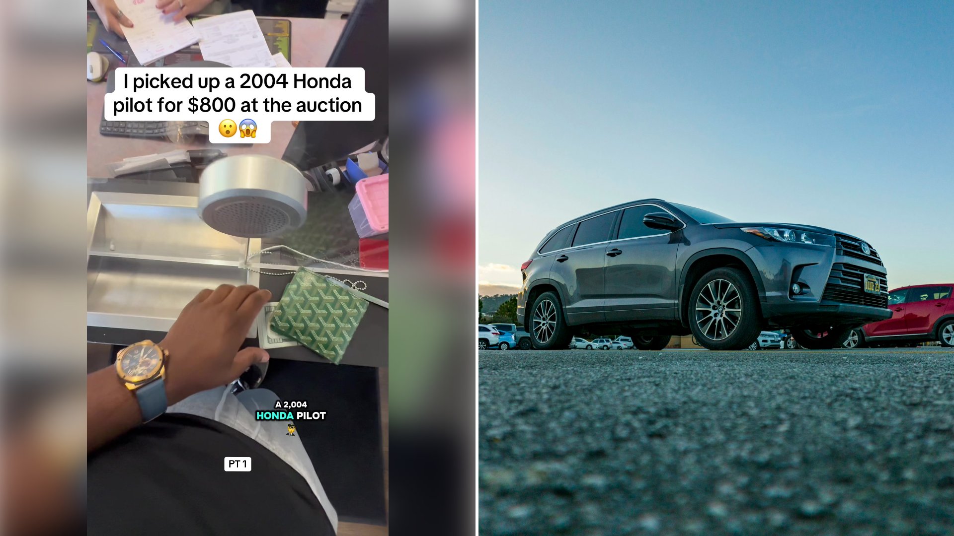 Left: cover still from a TikTok video by @thegoldenwealth. Right: A gray SUV parked in a lot next to a red car (Unsplash photo by Leo_Visions).