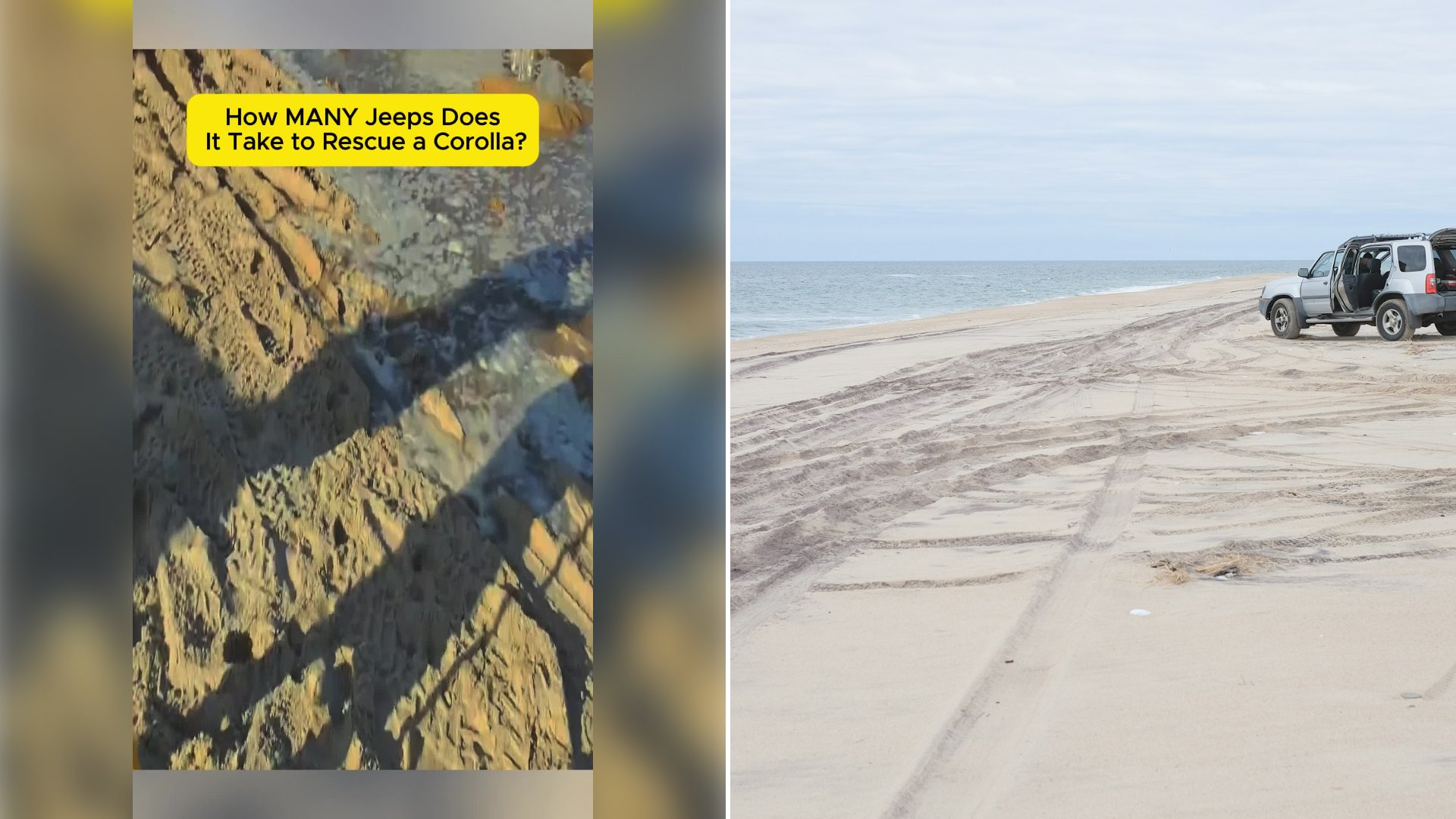 Left: cover still from a TikTok video by @caveislinh.tv. Right: An SUV parked on a sandy beach (Unsplash photo by Alex Kolundzija).