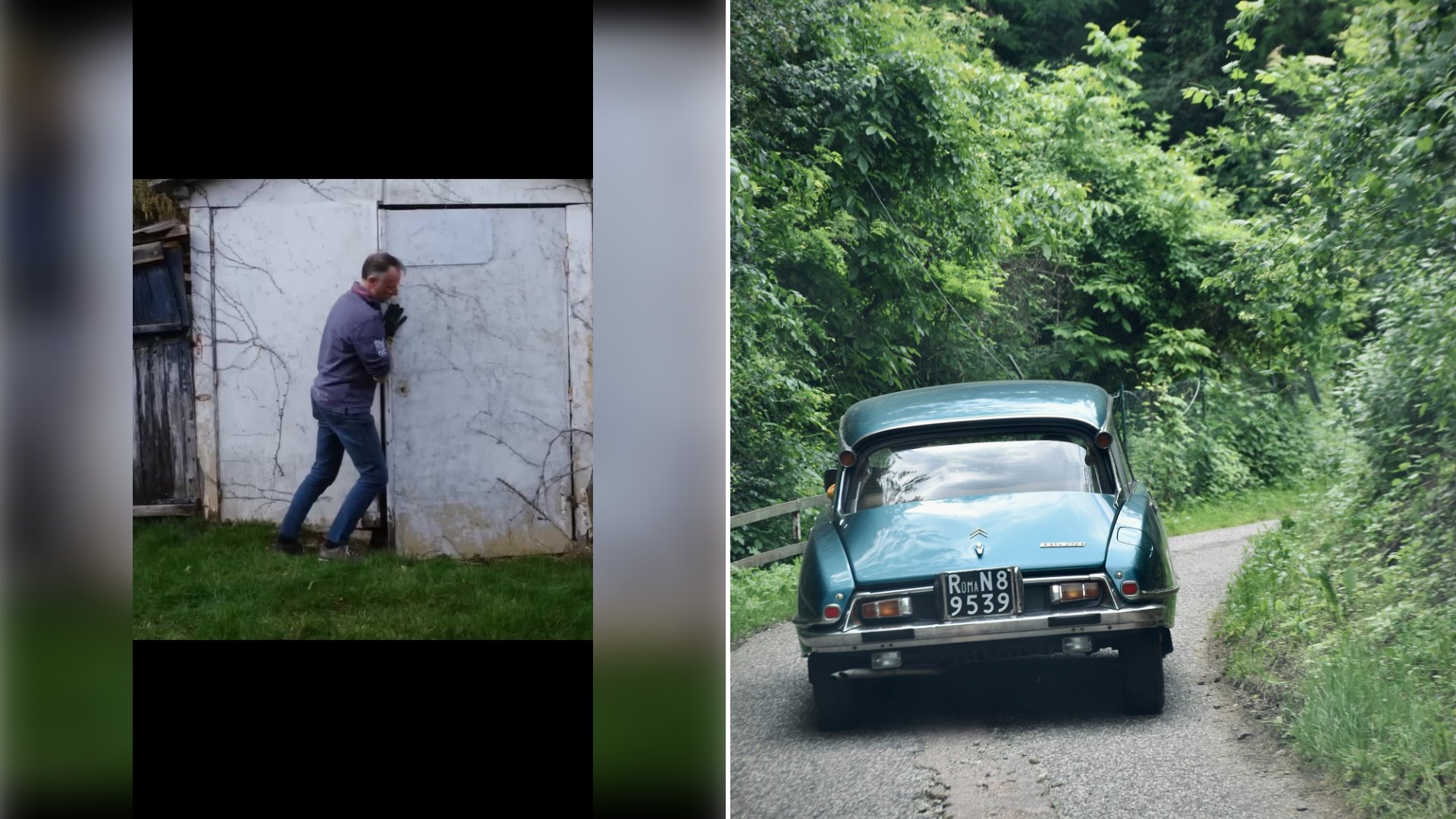 Left: cover still from a TikTok video by @automaster.dm. Right: A vintage blue Citroen DS driving on a road beside a green forest (Unsplash photo by Arno Senoner).