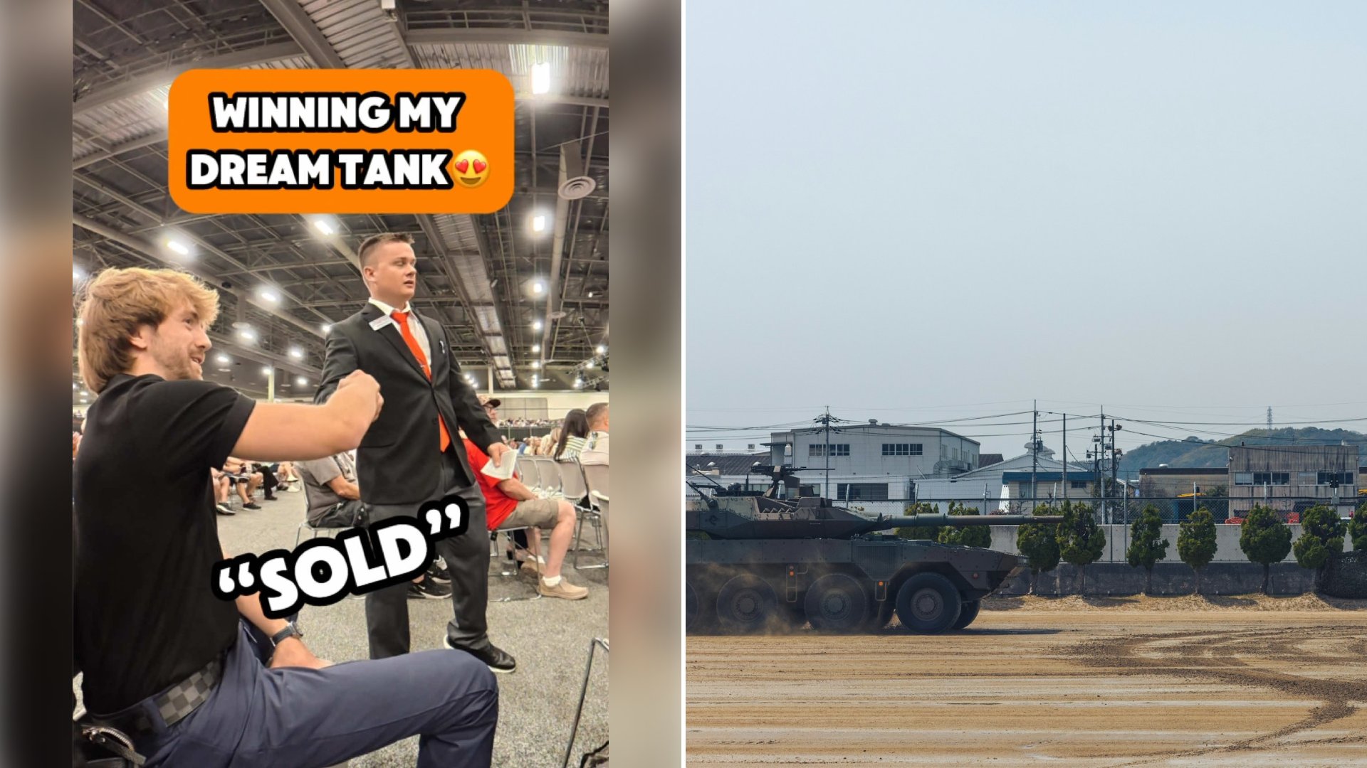Left: cover still from a TikTok video by @jandikrobbie. Right: An armored vehicle driving across dusty ground (Unsplash photo by Red Shuheart).