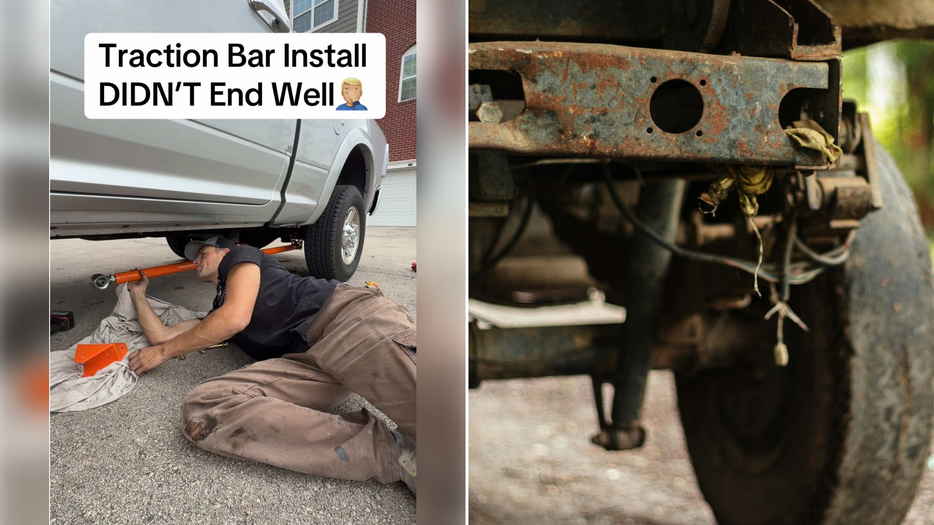 Left: cover still from a TikTok video by @zac.lucarz. Right: Close-up of the rusty rear axle and underside of an old truck (Unsplash photo by Zoshua Colah).