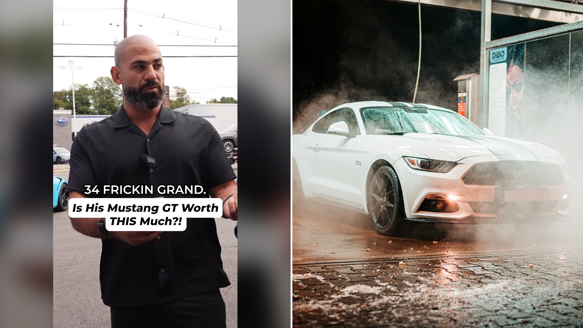 Split image with the cover of @georgejsaliba's TikTok video, where the frame shows a bald bearded man in a black polo at a dealership; text '34 FRICKIN GRAND. Is His Mustang GT Worth THIS Much?!', on the left and an Unsplash photo by Jan Kopřiva on the right showing a white Ford Mustang GT in a car wash at night