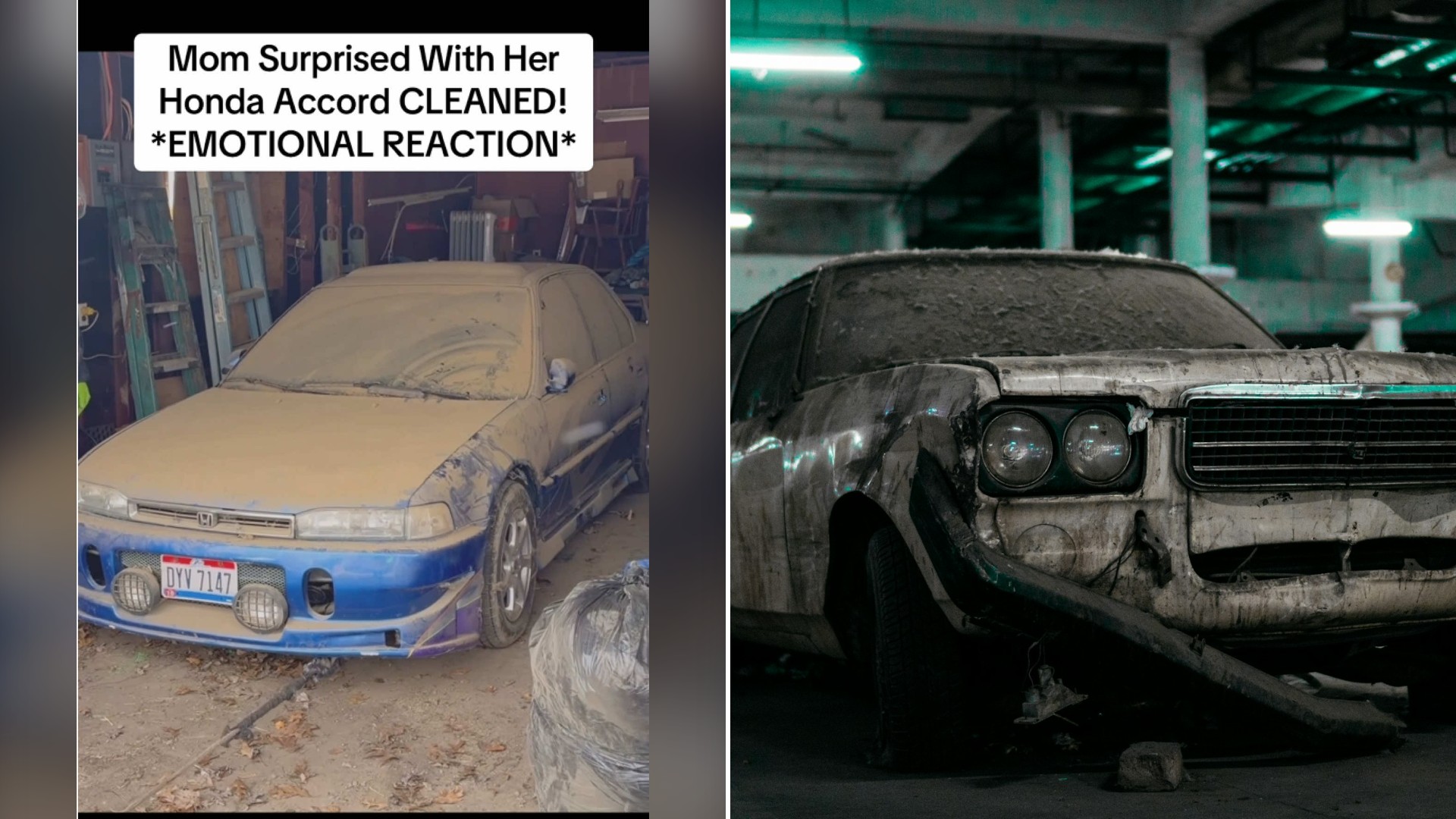 Split image with the cover of @wddetailing's TikTok video, where the frame shows text 'Mom Surprised With Her Honda Accord CLEANED! EMOTIONAL REACTION' over a dust-covered blue/gold Honda Accord in a garage, on the left and an Unsplash photo by Prateek Katyal on the right showing an unwashed white sedan in a parking area