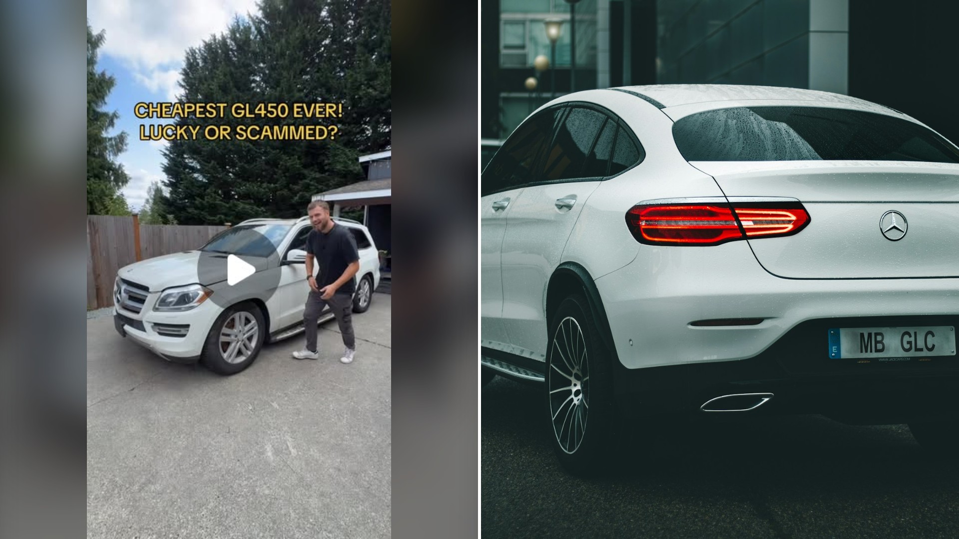 Split image with the cover of @bybtim's Instagram reel, where the frame shows text 'CHEAPEST GL450 EVER! LUCKY OR SCAMMED?'; a man stands beside a white Mercedes GL450 in a driveway, on the left and an Unsplash photo by Javier Esteban on the right showing a silver Mercedes-Benz GLC parked indoors