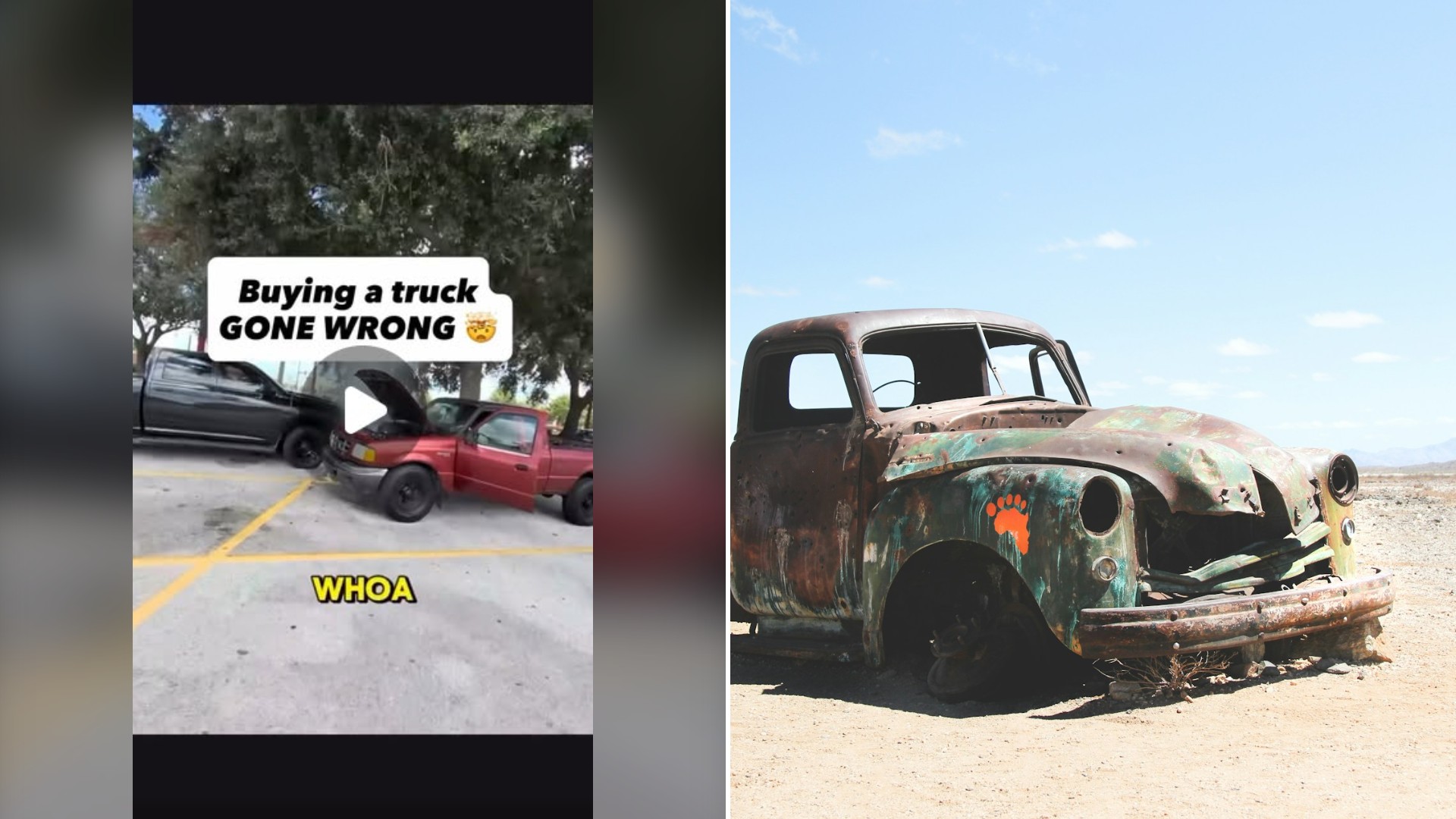 Split image with the cover of @daytonflipswhips's Instagram reel, where the frame shows text 'Buying a truck GONE WRONG'; a red pickup in a lot with its hood up; caption 'WHOA', on the left and an Unsplash photo by Rémi Jacquaint on the right showing a wrecked single-cab pickup truck on a field