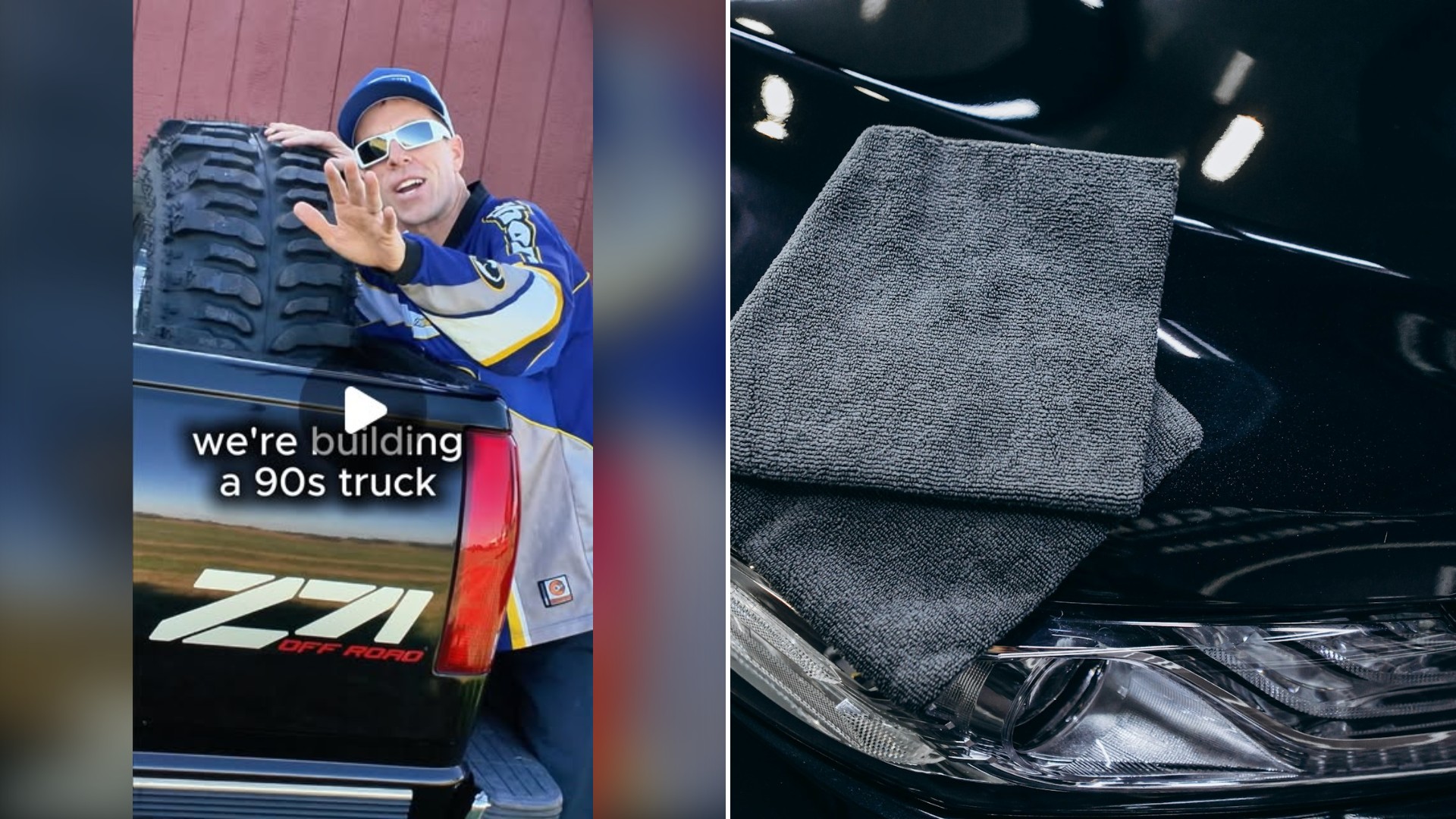 Split image with the cover of @oaklandautodetail's Instagram reel, where the frame shows a man in sunglasses and a blue hockey-style jersey hugs the black tire and Z71 tailgate of a truck; text 'we're building a 90s truck', on the left and an Unsplash photo by GoGoNano on the right showing a gray microfiber cloth on a glossy red car hood