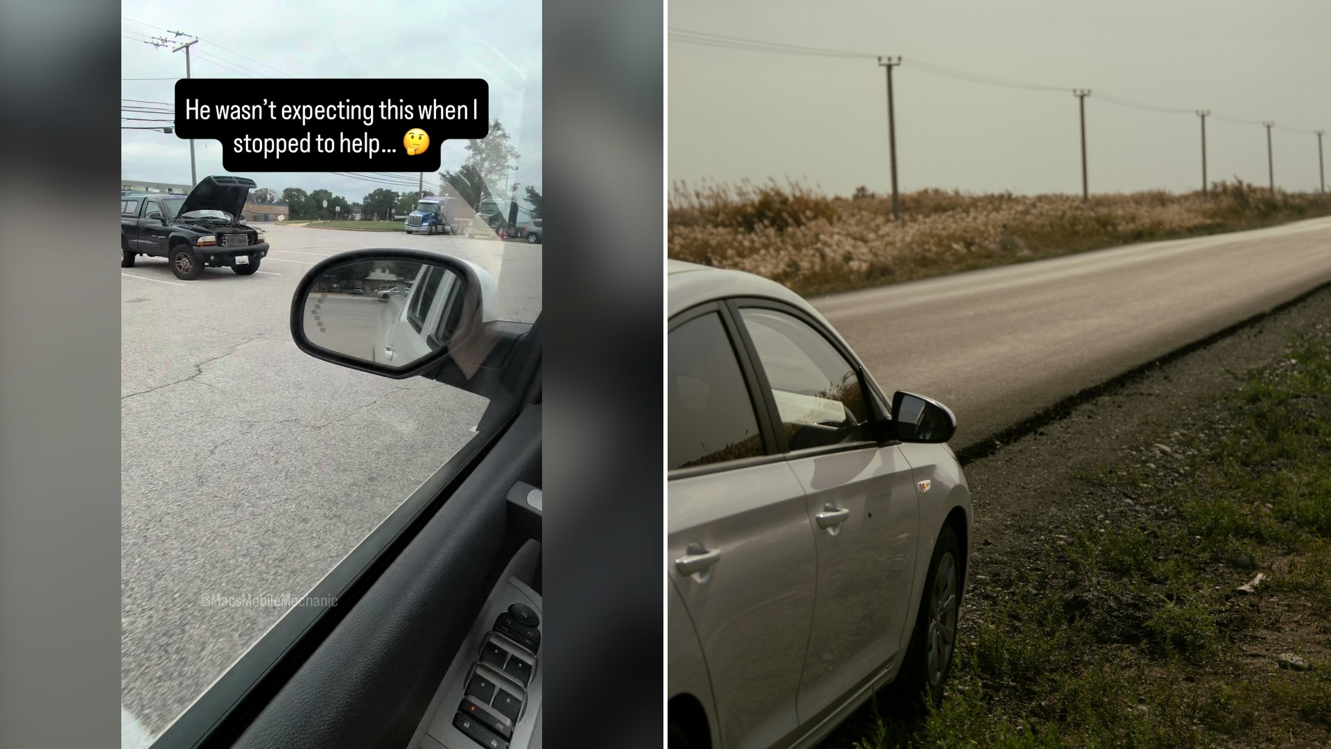 Split image with the cover of @macsmobilemechanic's TikTok video, where the frame shows text 'He wasn't expecting this when I stopped to help...'; view through a side mirror toward a black pickup with its hood up in a lot, on the left and an Unsplash photo by Kirill Fokin on the right showing a white car parked on the side of a long road