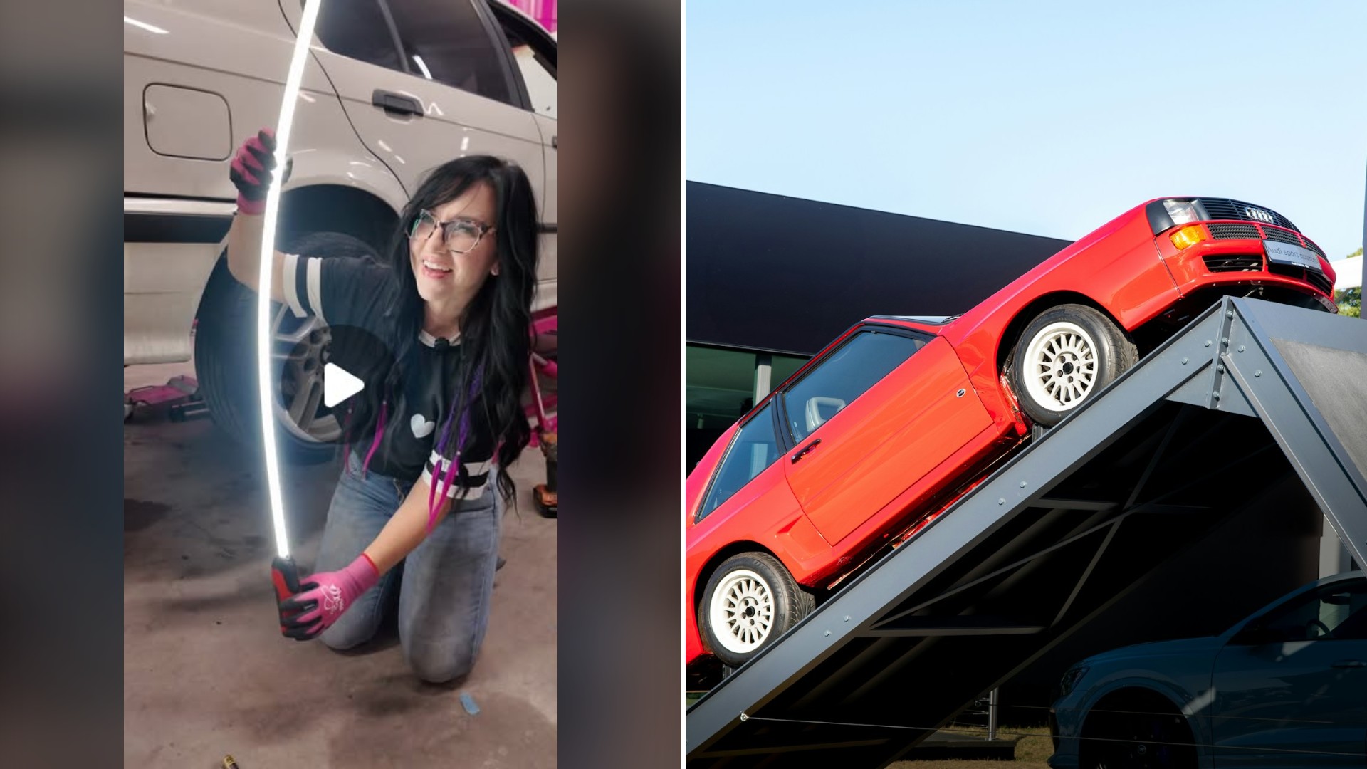 Split image with the cover of @teamsallyracing's Instagram reel, where the frame shows a woman with glasses and dark hair, in gloves, holds a glowing light tube beside a white SUV in a shop, on the left and an Unsplash photo by Rob Wingate on the right showing a red Audi quattro on a ramp