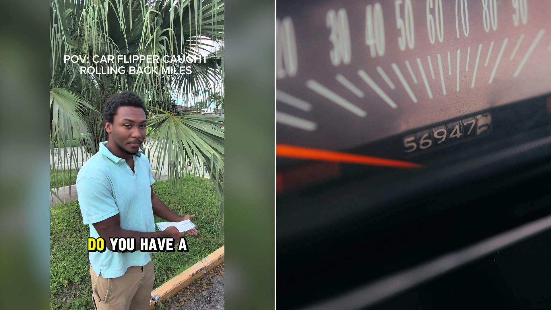 Split image with the cover of @mateoflips's TikTok video, where the frame shows text 'POV: CAR FLIPPER CAUGHT ROLLING BACK MILES'; a young man in a teal polo holds papers by palm plants, on the left and an Unsplash photo by Wesley Tingey on the right showing a close-up of an odometer reading 56947 miles