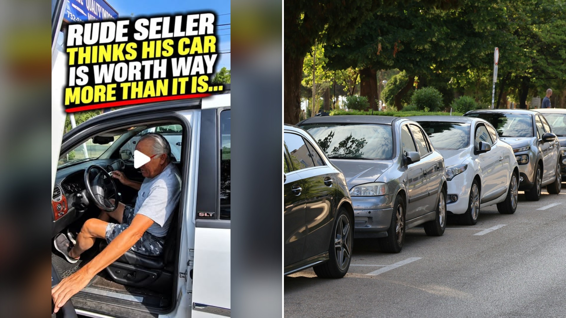 Split image with the cover of @greggotcars's Instagram reel, where the frame shows text 'RUDE SELLER THINKS HIS CAR IS WORTH WAY MORE THAN IT IS'; an older man in the driver's seat of a white SUV, on the left and an Unsplash photo by Stepan on the right showing a row of parked cars on a tree-lined street