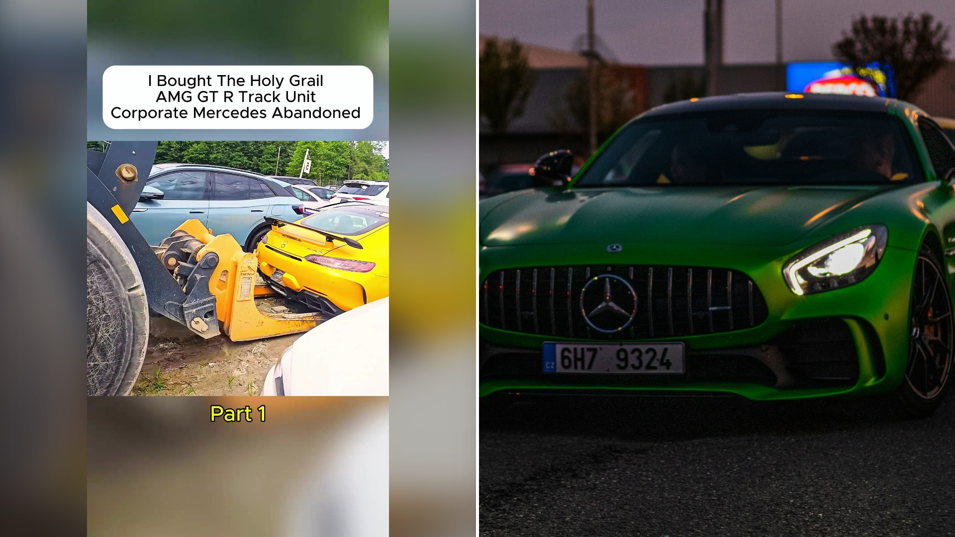 Split image with the cover of @sparrow00015's TikTok video, where the frame shows text 'I Bought The Holy Grail AMG GT R Track Unit Corporate Mercedes Abandoned'; a yellow sports car beside a loader bucket in a lot; 'Part 1', on the left and an Unsplash photo by Richard Biros on the right showing a green Mercedes-Benz coupe