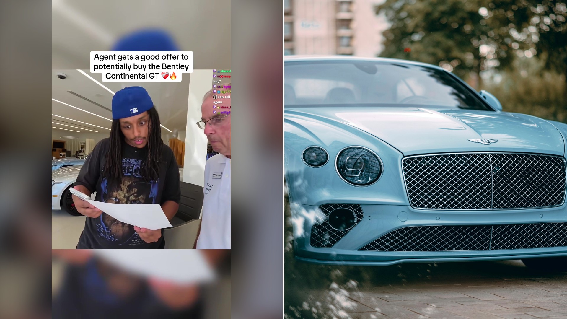 Split image with the cover of @thepumpskiiclipss's TikTok video, where the frame shows text 'Agent gets a good offer to potentially buy the Bentley Continental GT'; a man in a blue cap and black graphic tee holds a paper in a showroom with an older man at right, on the left and an Unsplash photo by Eric Soubeyrand de Saint Prix on the right showing a blue Bentley parked by the road