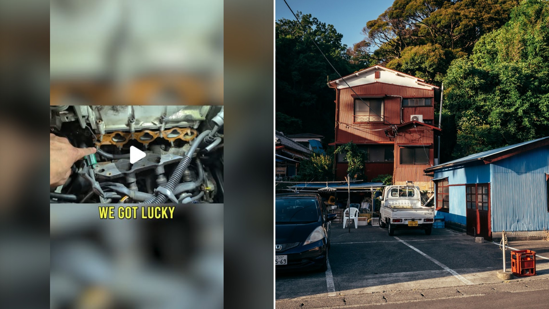 Split image with the cover of @jubbalandcars's Instagram reel, where the frame shows engine close-up under the hood; caption 'WE GOT LUCKY', on the left and an Unsplash photo by Loris Boulinguez on the right showing a white kei truck by a blue shed and old homes in rural Japan