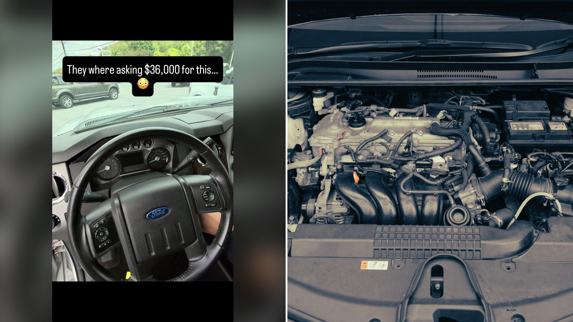 Split image with the cover of @macsmobilemechanic's TikTok video, where the frame shows text 'They where asking $36,000 for this...' over a Ford steering wheel and dashboard interior, on the left and an Unsplash photo by BHARAT VISHAWAKARMA on the right showing an open engine bay under a raised hood
