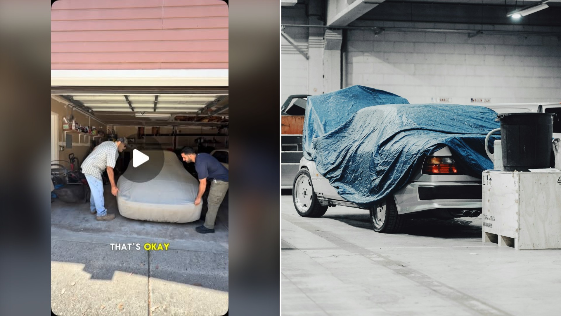 Split image with the cover of @dodi_auto_sales's Instagram reel, where the frame shows two men lift a cover off a car in a garage; caption 'THAT'S OKAY', on the left and an Unsplash photo by serjan midili on the right showing a car covered with a blue tarp in a garage