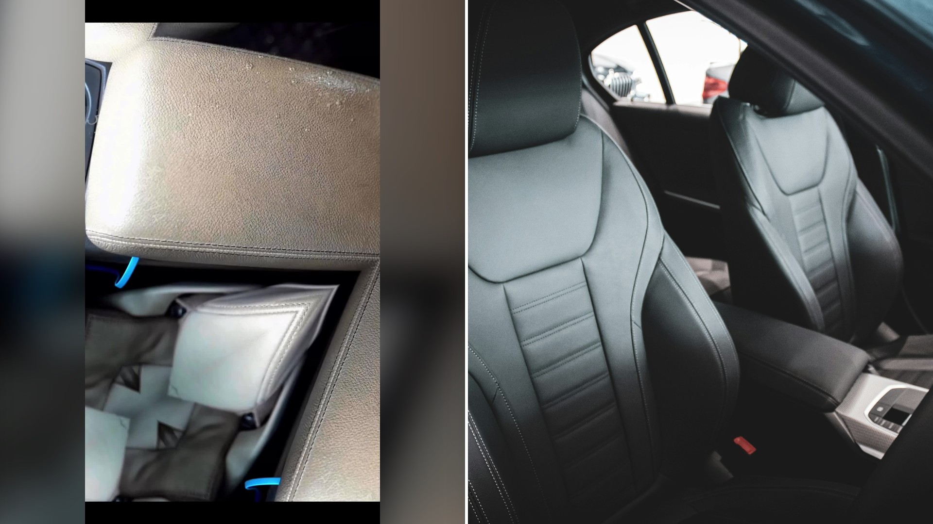 Split image with the cover of @humanboby's TikTok video, where the frame shows close-up of a car interior center console and armrest; no person, no text, on the left and an Unsplash photo by Haryo Ramadantyo on the right showing a black leather seat in a BMW 330i interior