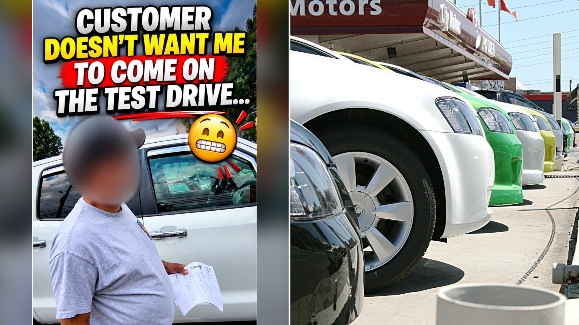 Split image with the cover of @greggotcars's TikTok video, where the frame shows text 'CUSTOMER DOESN'T WANT ME TO COME ON THE TEST DRIVE'; a man in a gray tee and cap holds paperwork beside a white pickup, on the left and an Unsplash photo by Vaughan Willis on the right showing colorful cars lined up at a dealership