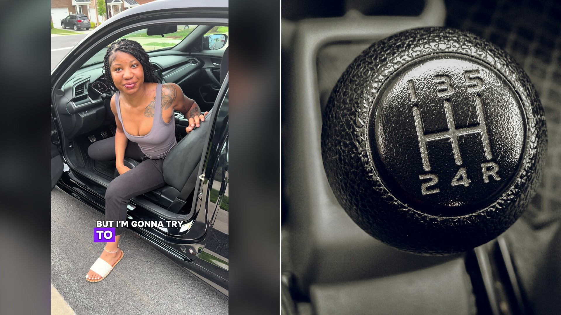 Split image with the cover of @nicole.m.esthetics's TikTok video, where a woman sits in the open door of a black car under the words 'BUT I'M GONNA TRY TO', on the left and an Unsplash photo by Hari Perisetla on the right showing a close-up of a car's gear stick