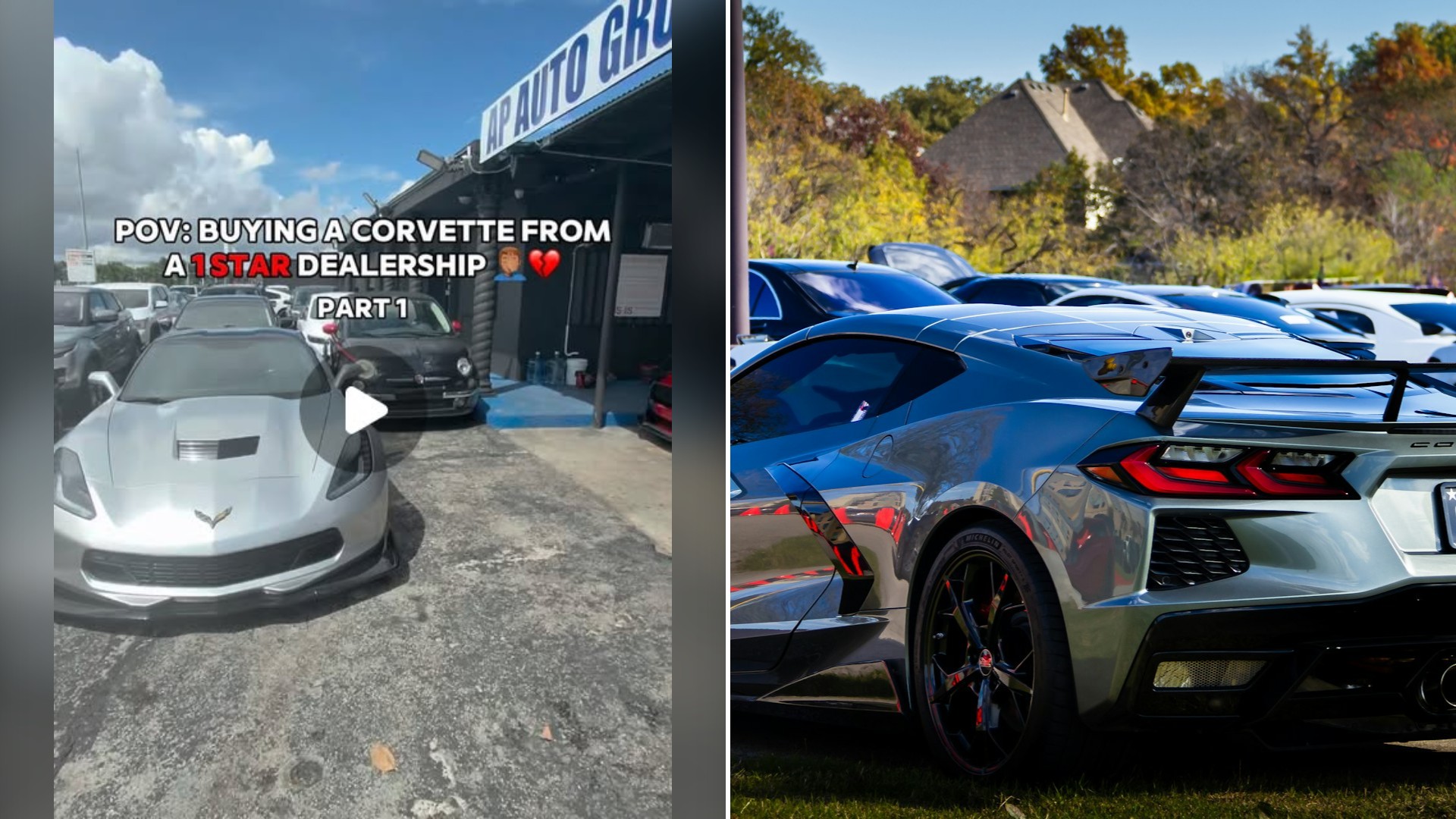 Split image with the cover of @sofloexoticsty's Instagram reel, where a silver Corvette on a dealership lot under the words 'POV: BUYING A CORVETTE FROM A 1 STAR DEALERSHIP PART 1', on the left and an Unsplash photo by Izyan Sultanali on the right showing cars parked in a parking lot at a Corvette car show